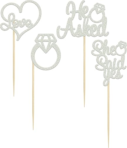 Miniatura 3 de Gyufise Paquete de 24 adornos plateados con purpurina con la frase "He Asked She Said Yes" para cupcakes, anillos de diamantes para decoración de