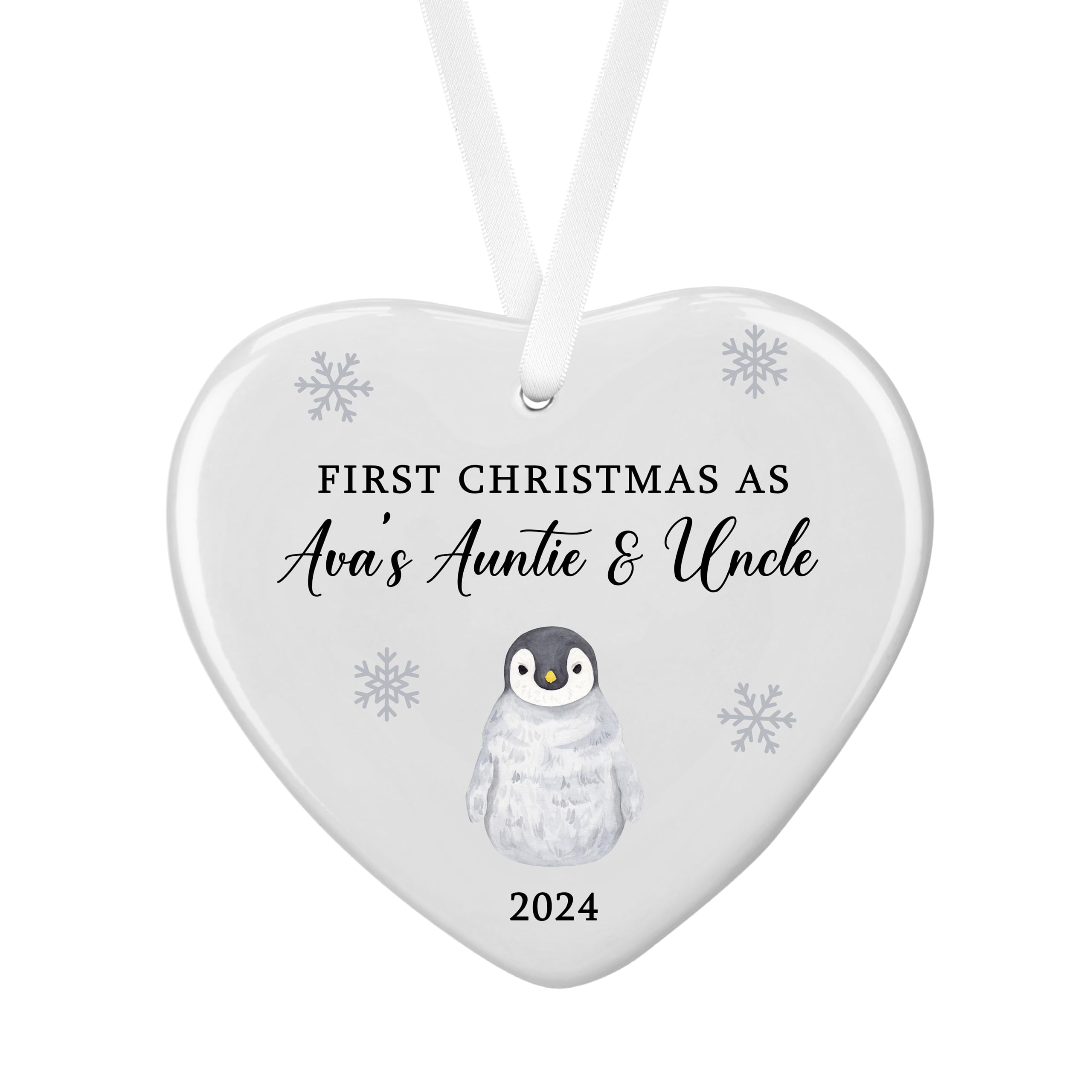 Drifting Ducks White Personalised Sentimental Keepsake First Christmas Relation Penguin Ceramic Heart Hanging Tree Bauble Decoration Gift (Organza Gift Bag)