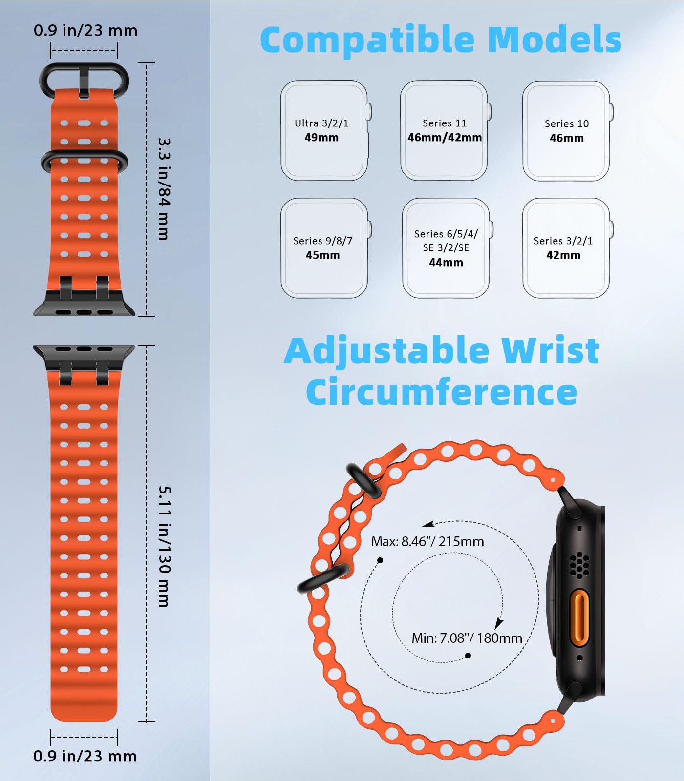 MoKo Correa Ocean Compatible con Apple Watch Ultra 3/2/1 49 mm, S11/S10 46 mm, 9/8/7 45 mm, SE3/SE2/SE/6/5/4 44 mm, 3/2/1 42 mm, Correa Deportiva de Silicona Transpirable