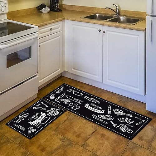 Miniatura 5 de Juego de 2 alfombras y tapetes de cocina, antideslizantes, acolchados, antifatiga, absorben el agua y el aceite, tapete para el hogar para cocina,