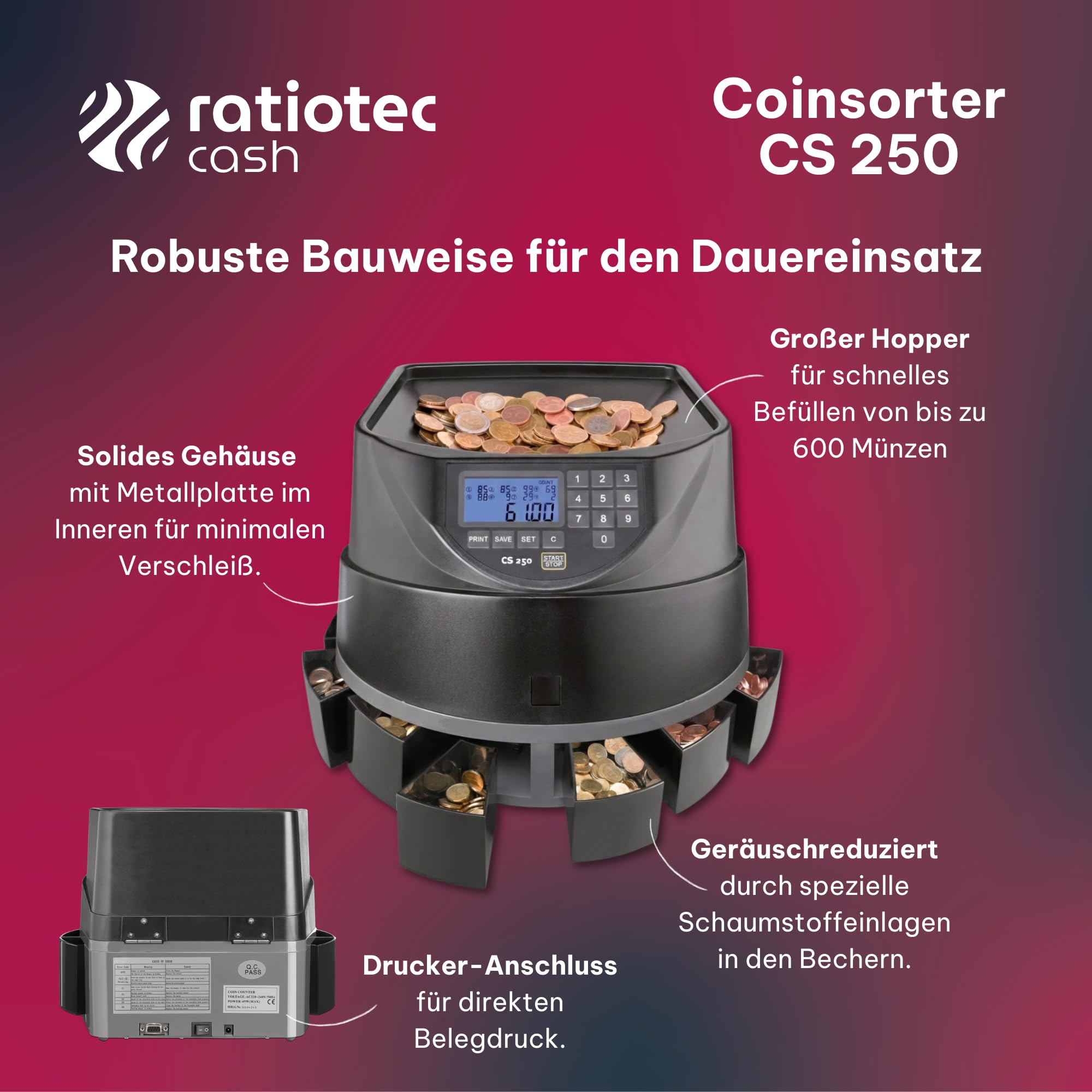 Contador de monedas Ratiotec COINSORTER CS250 Negro