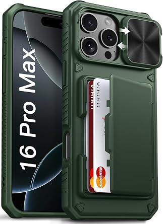 Vihibii for iPhone 16 Pro Max Case Wallet with Card Holder 4 Cards, Green | RFID Blocking, Slide Camera Lens Cover, Military-Grade Drop Protection, Raised Edges Protect Screen, Ditch the bulky wallet