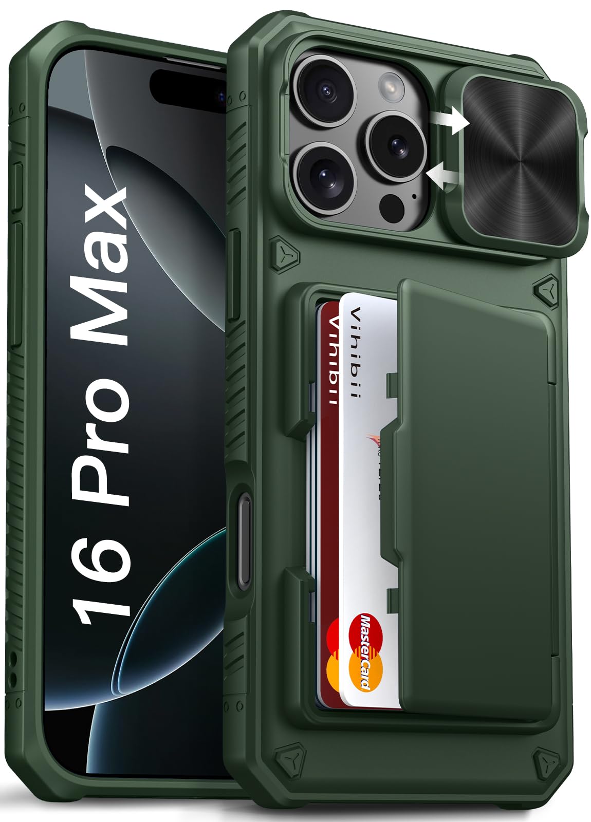 Vihibii for iPhone 16 Pro Max Case with Card Holder (4 Cards) [RFID Blocking] & Slide Camera Cover, Military Grade Drop Protection, Rugged Hard Back &
