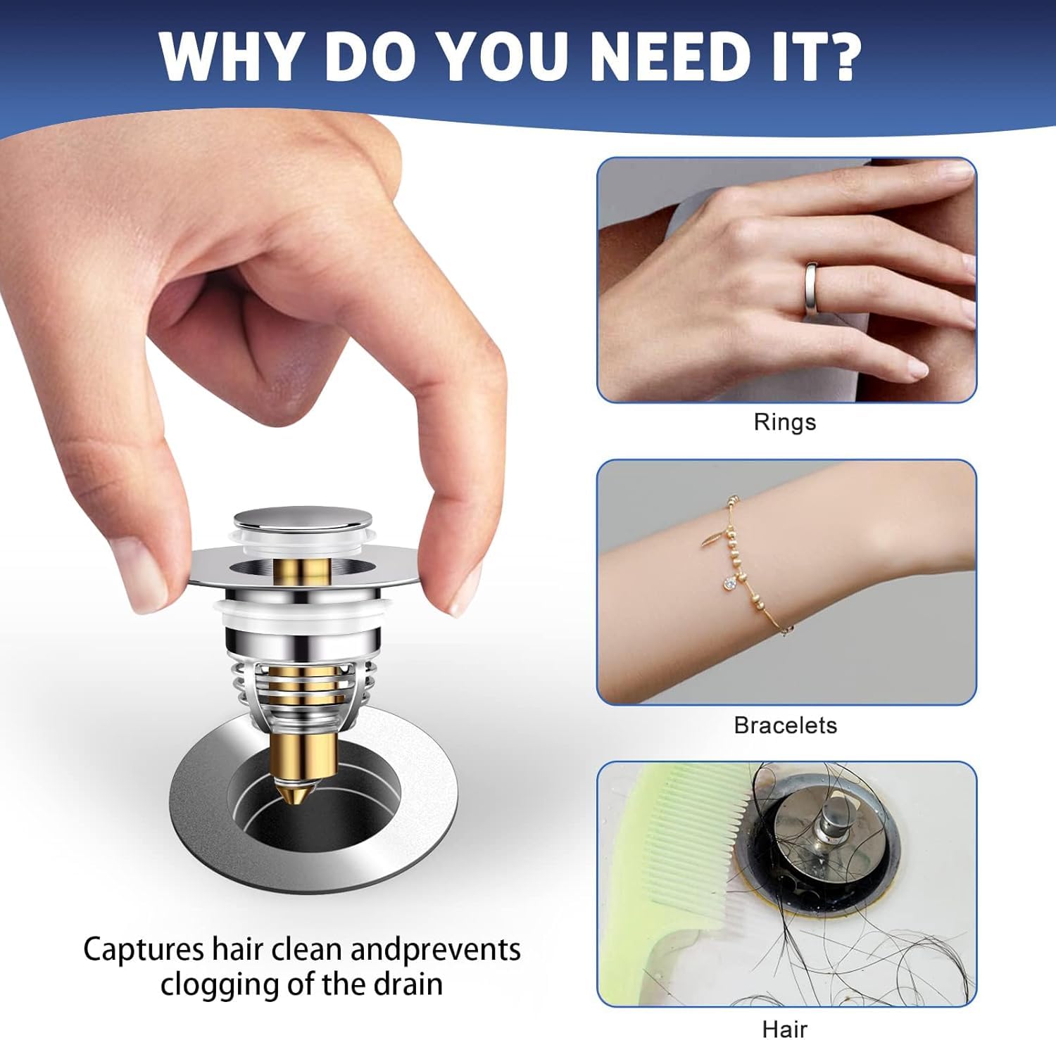 34-38mm Bouchon Lavabo INOX, Bonde De Lavabo Anti-Odeur Universel Pop Up Avec 2 Silicone Joints Flitre De Vidange Avec Tamis Anti Colmatage 99316115