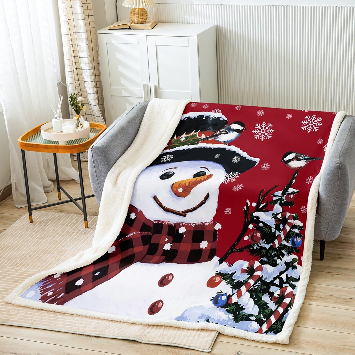 Loussiesd Kids Christmas Theme Decorations Fuzzy Blanket for Sofa Bed Couch Xmas Snowman Sherpa Blanket for Boys Girls Snowflake Kawaii Cute Fleece Throw Blanket Red,Double 60x79Inch