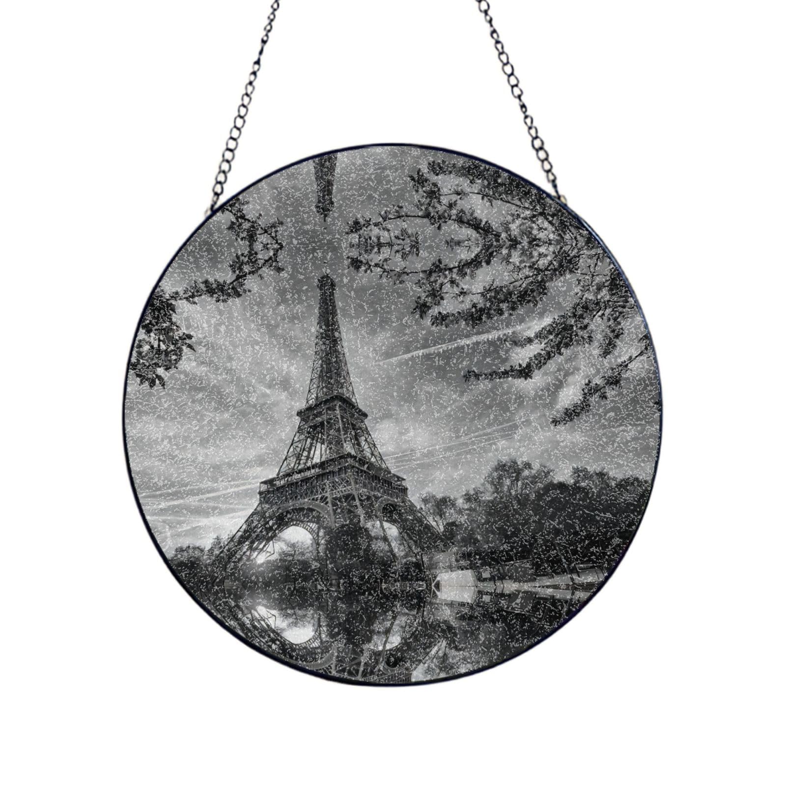 Phayah Eiffel Tower Pattern Print Glass Window Hanging Sun Catchers Suncatcher Decor For Birthday For Home Garden Porch 10in（25cm）