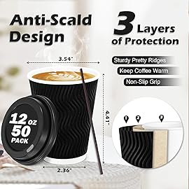 Lamosi 12 oz Disposable Coffee Cups with Lids, 50 Pack Insulated Hot Cups To Go Paper Coffee Cups with Lids and Straws, Corrugated Ripple Wall Cup for Hot Drink, Office, Coffee Bar (Black)
