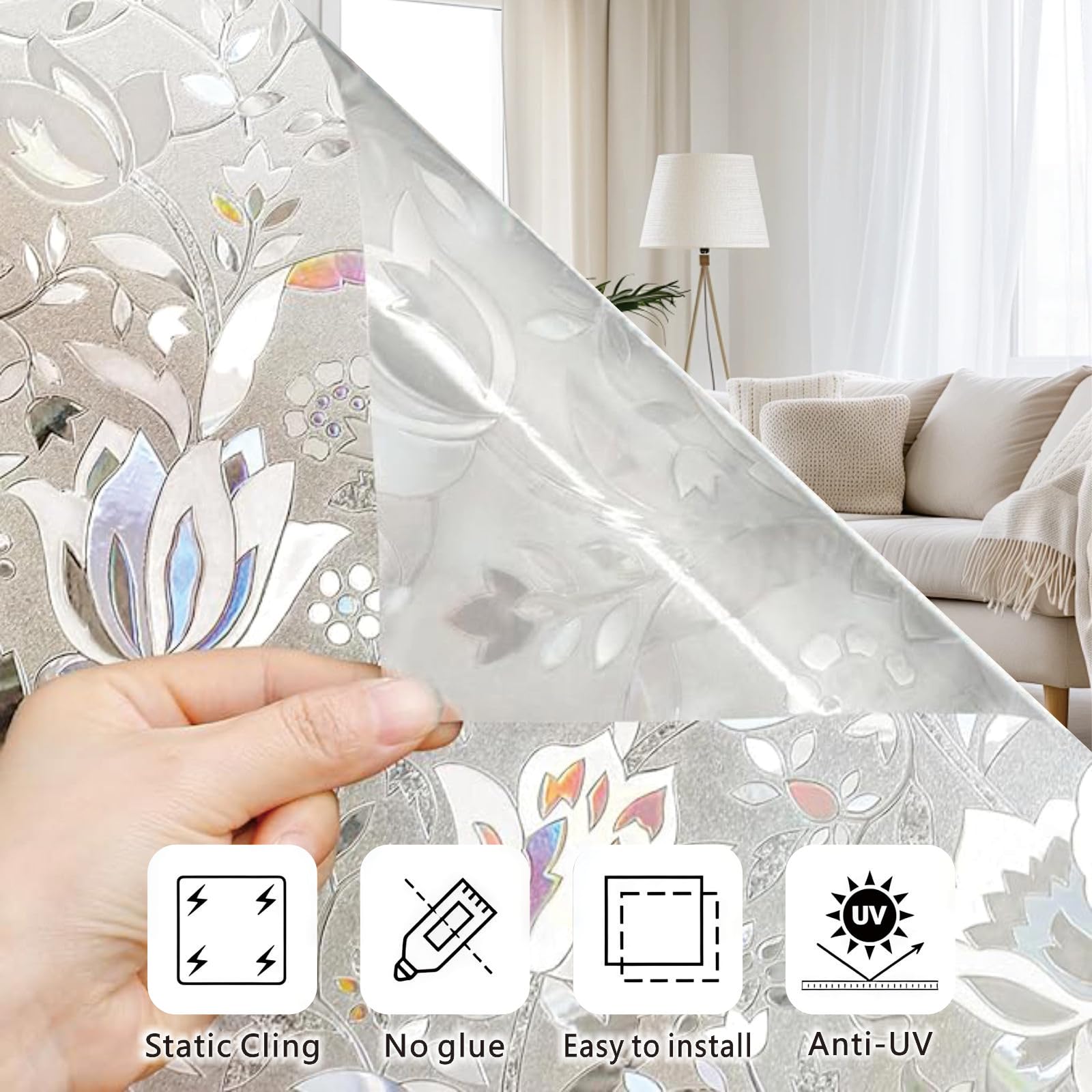 Ellicola Privacy Finestre 3D Arcobaleno 55 x 700 cm Senza Colla Static, Protezione Uv, Protezione Della Privacy, Pellicola di Vetro Glassata Della Segretezza per Letto, tulipano