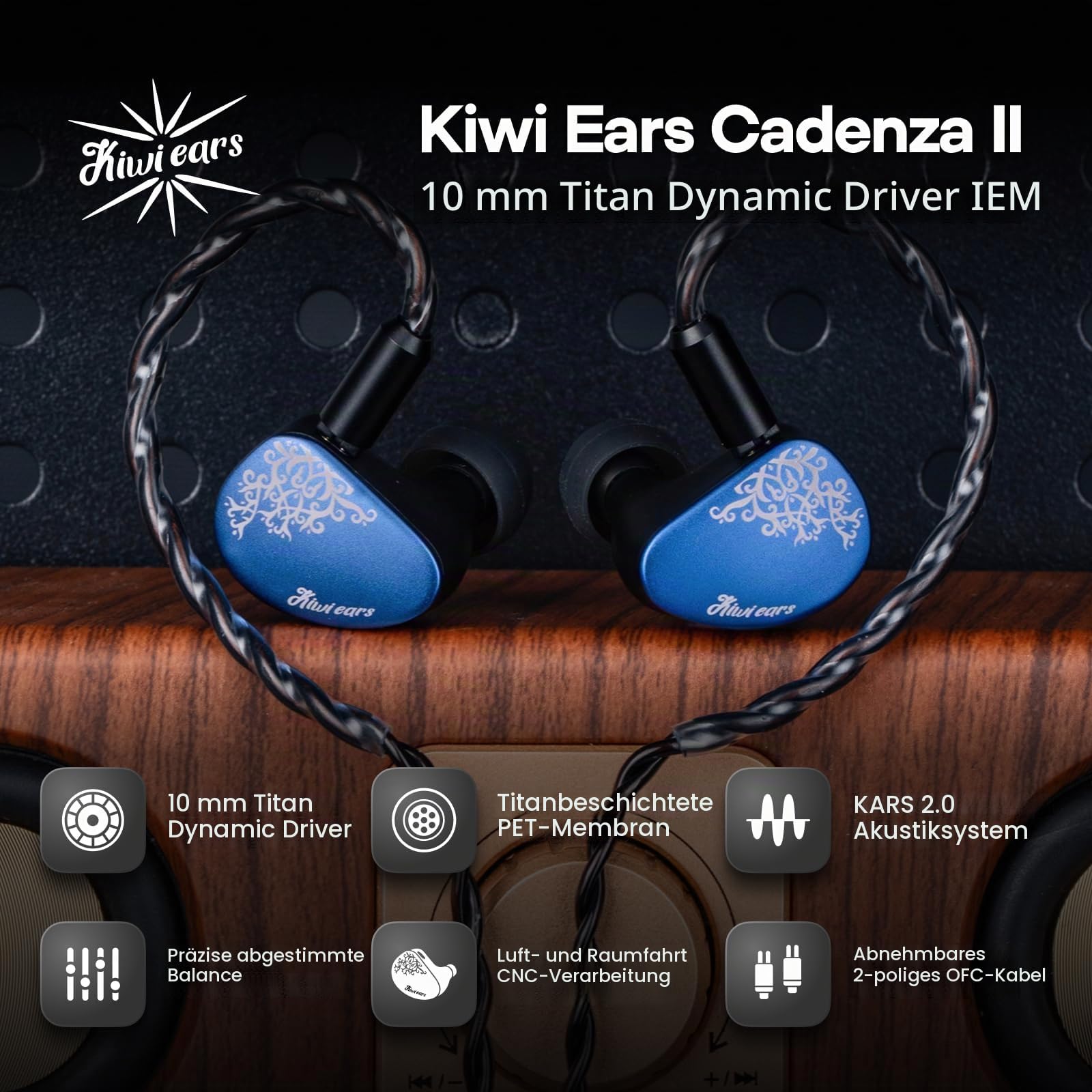 Kiwi Ears Cadenza II In-Ear-Monitor, 10 mm Titanium Dynamic Driver IEM Kopfhörer mit KARS 2.0 für präzise Klangbalance – CNC-Aluminium-Panel mit abnehmbarem 2-poligem Kabel für Musiker