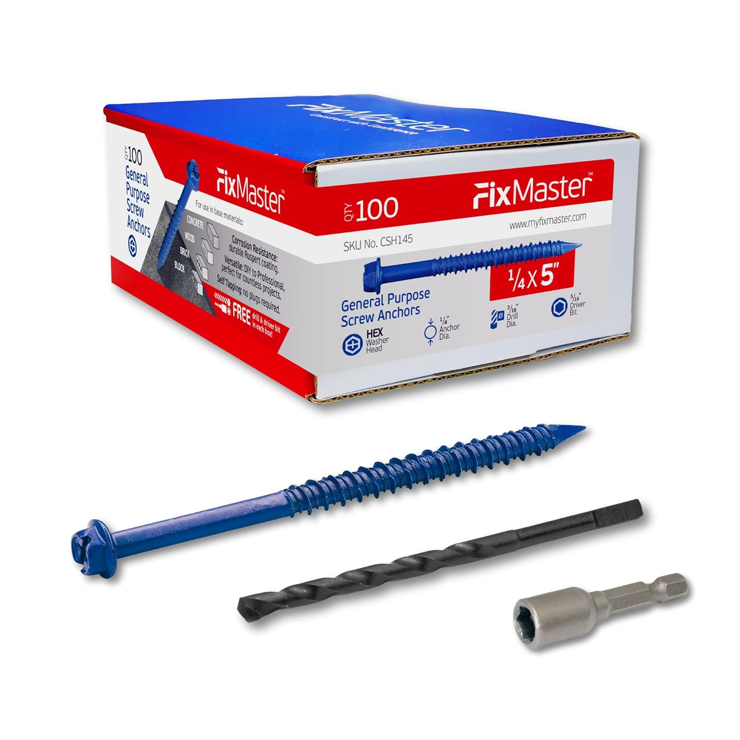 1/4 x 5" Hex Head Blue Concrete Screw Anchors with 1 Screwdriver and 1 Drill Bit for Concrete, Masonry, Block, Brick and Wood Fastening (100 Screws per Box)