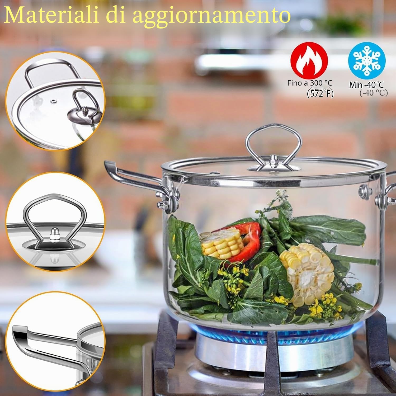 Pentola in vetro trasparente con coperchio, 5,5 l, resistente al calore, con manici in acciaio inox, pentola per cuocere a fuoco lento per pasta, pasta, zuppa, latte, 30,5 x 20,3 cm