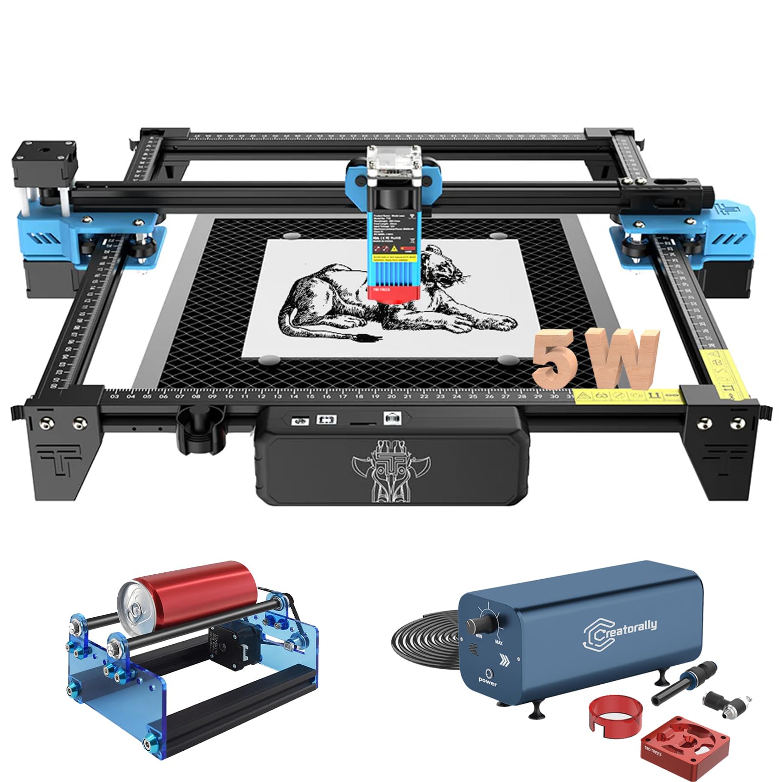 Twotrees TTS-55 Pro 5W Machine à graver laser graveur pour puzzle en bois 3D Machine à focale fixe avec unité de pompe à air 30L/min Kit de tambour rotatif avec plaque alvéolée de même taille