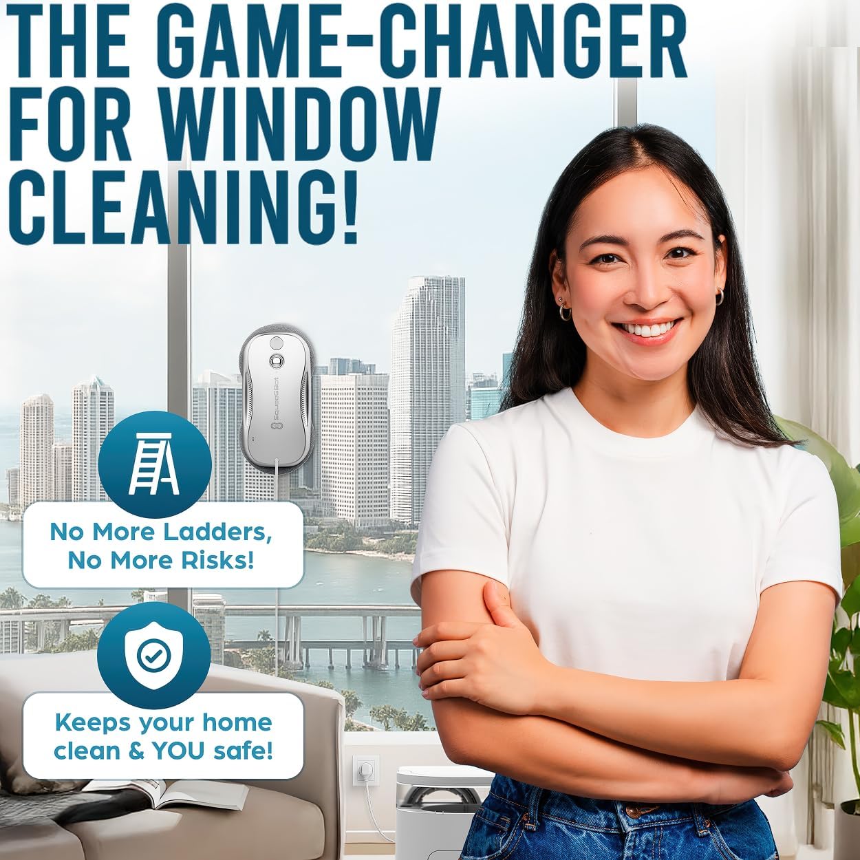 SqueeGBot Window Cleaning Robot Ideal for Panoramic Windows, Tiles, Mirrors, Robot Windows Cleaner with Intelligent AI 5.0 Navigation, Electric Window Cleaner Water Spraying, up to 5300 Pa