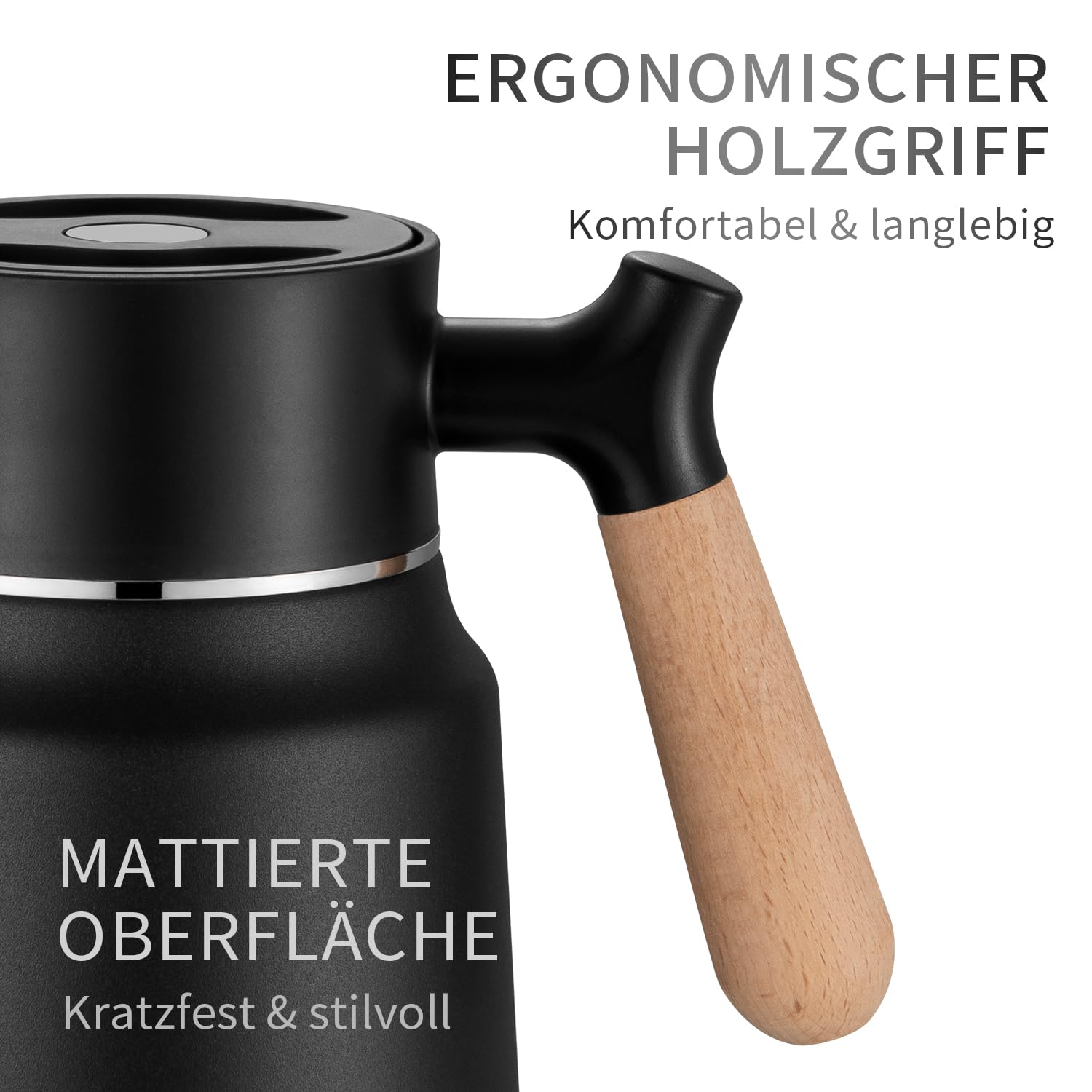 VETIN Thermo, thermos da 1,5 l, con filtro da tè, teiera con inserto per colino, Thermo, caffettiera termica 304, in acciaio inox, con manico effetto legno, 10 ore, 16 ore di freddo (nero)