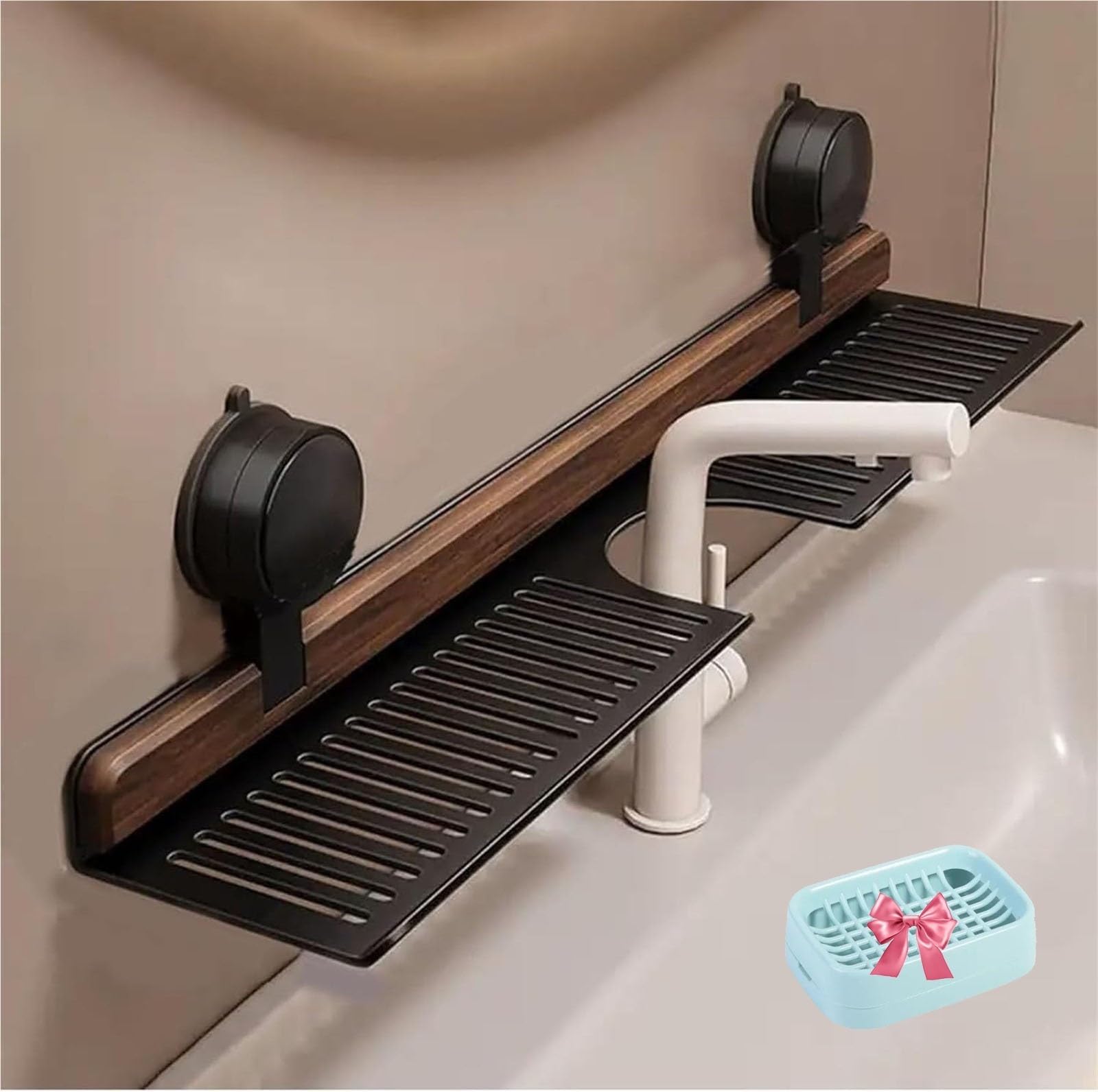 Étagère de douche en noyer amovible avec panier de rangement mural en bois noir