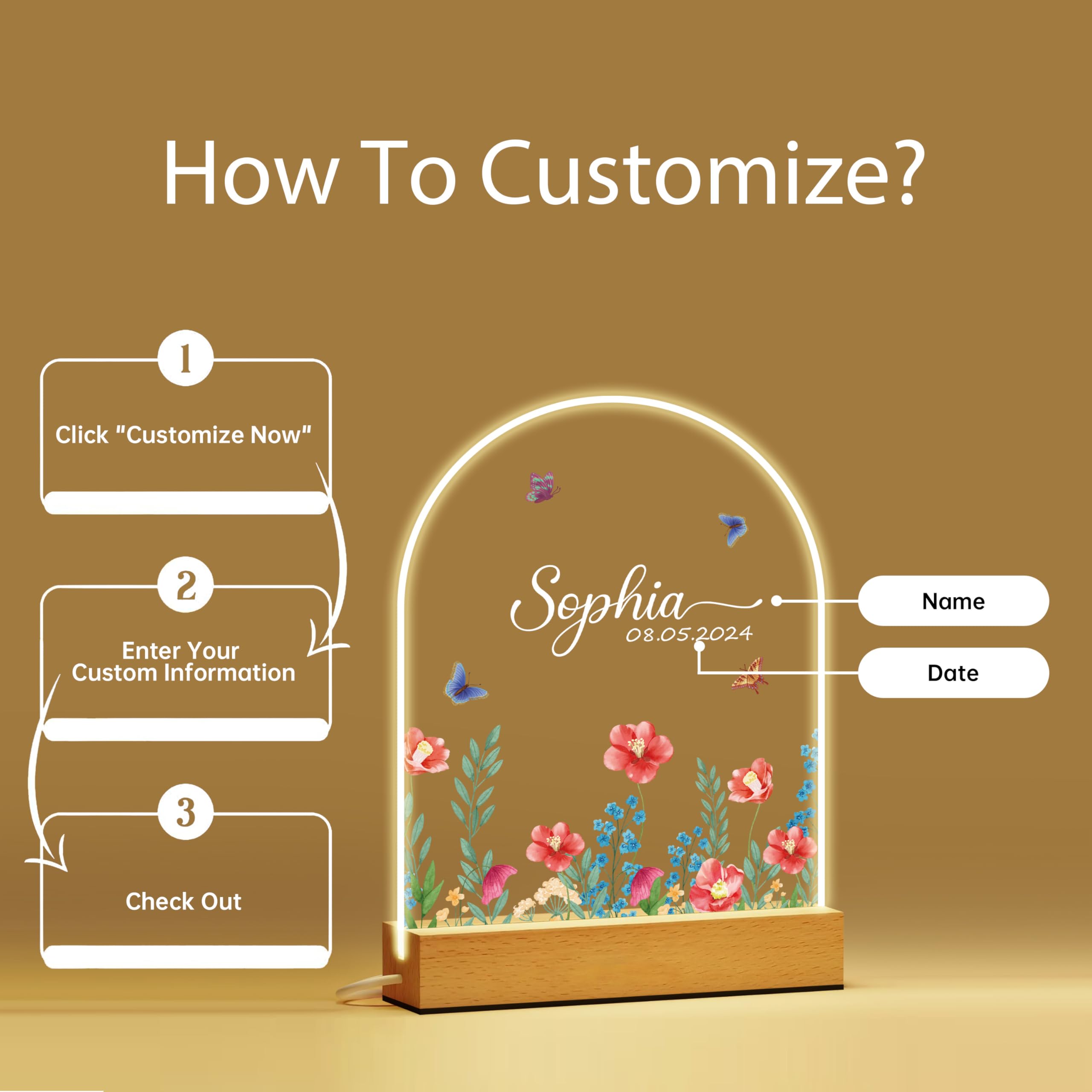 IOUMAM Personalized Baby Gifts, Personalized Night Light for Kids, Wildflowers Night Light with Name Date, Custom Baby Bedroom LED Lamp, Birthday Gift for Kids, Newborn Gift, Nursery Bedroom Decor