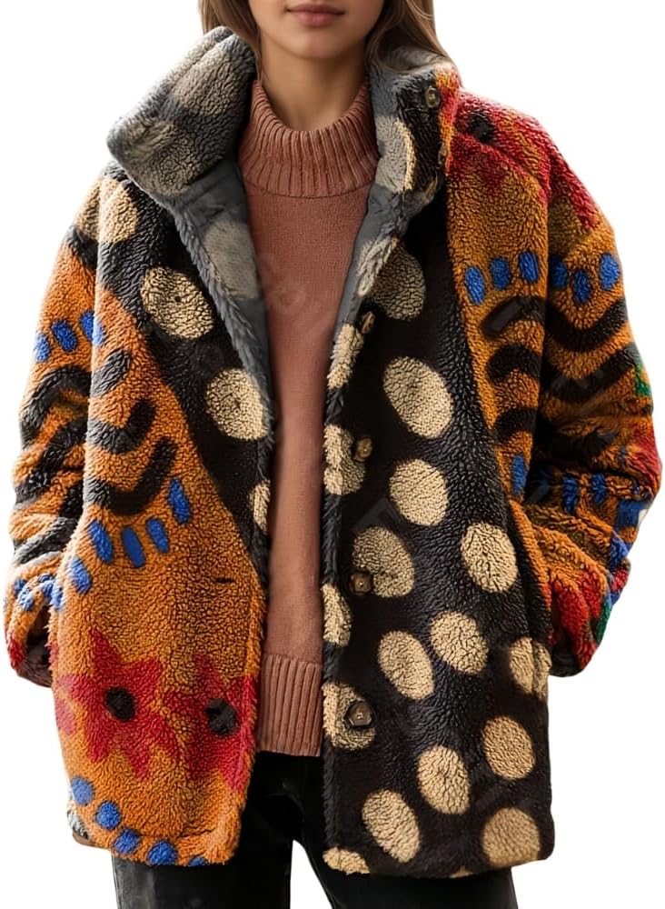 TIAFORD Womens Retro Soft Warm Fuzzy Fleece Coat Button Oversized Cozy Jacket Boho Colorful Print Winter Casual Outerwear