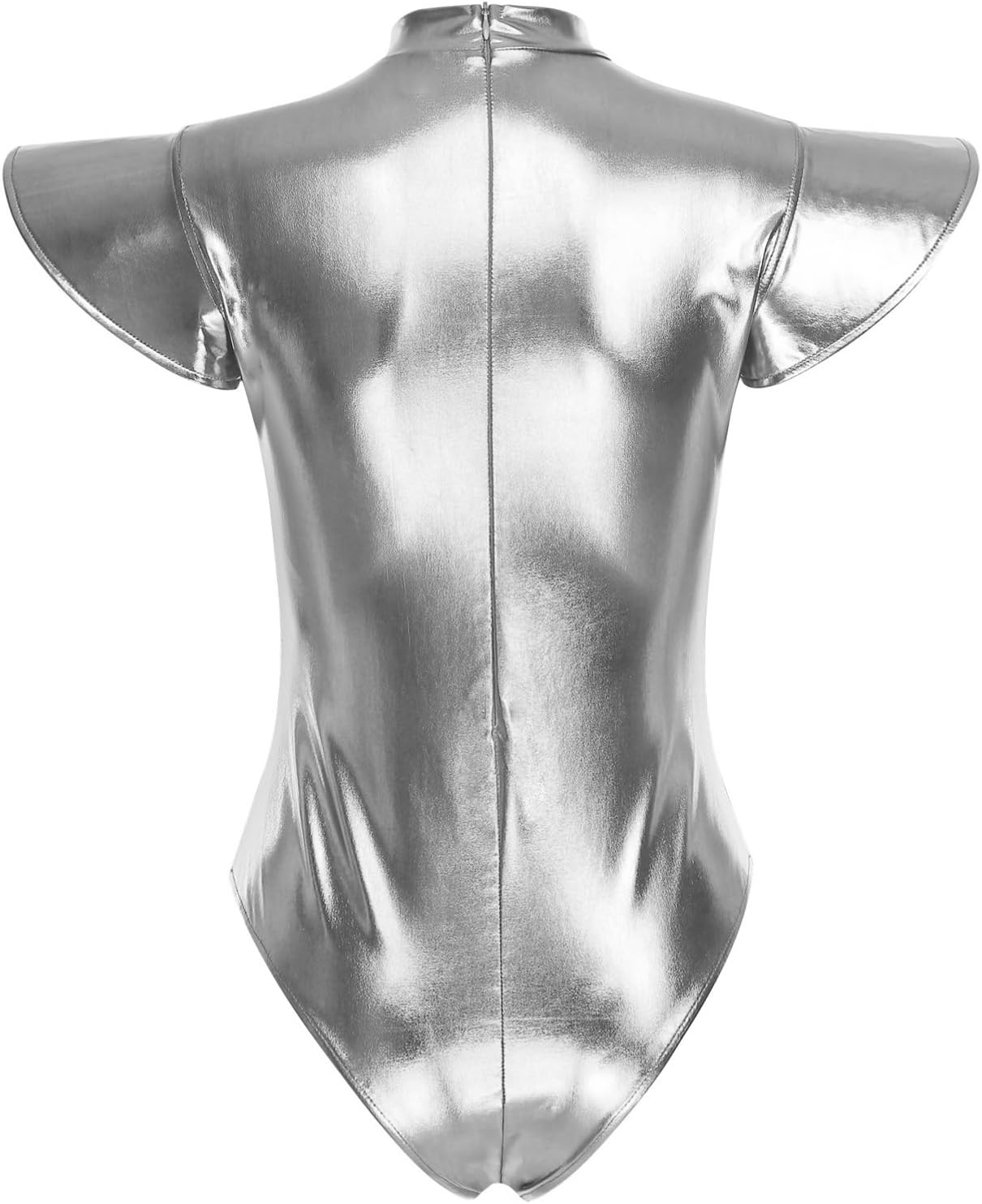 CHICTRY Women's Metallic Shiny Bodysuit Fly Sleeve Back Zipper Leotard Jumpsuit Space Cosplay Costume