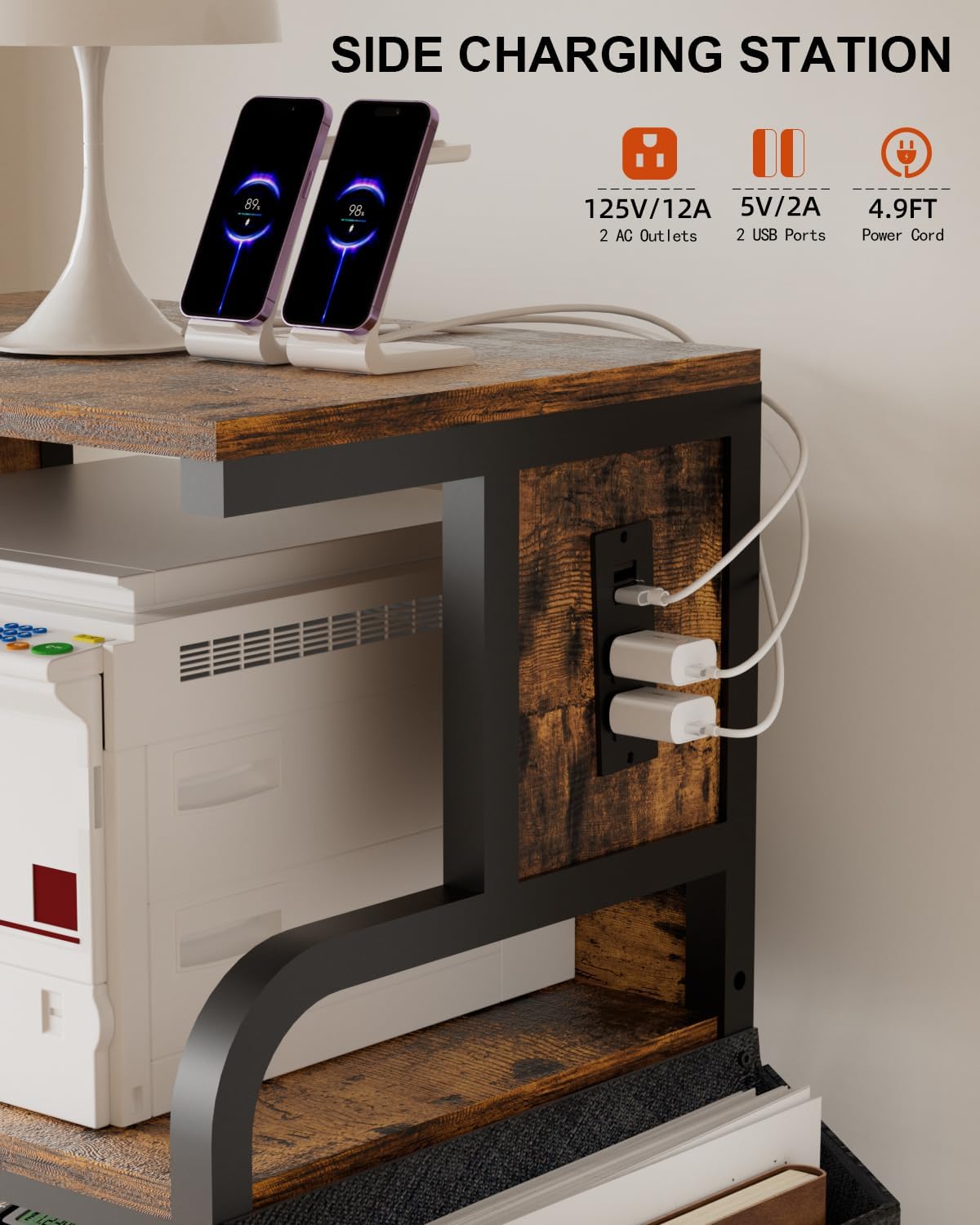 Tall Printer Stand with Storage Adjustable Shelf and Bag, 4-Tier Large Printer Table with Charging Station for Home Office, Printers Cart with Wheels for 3D Shredder Scanner Fax (Retro Brown)