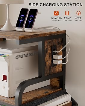 Tall Printer Stand with Charging Station, 4-Tier Mobile Printers Cart
