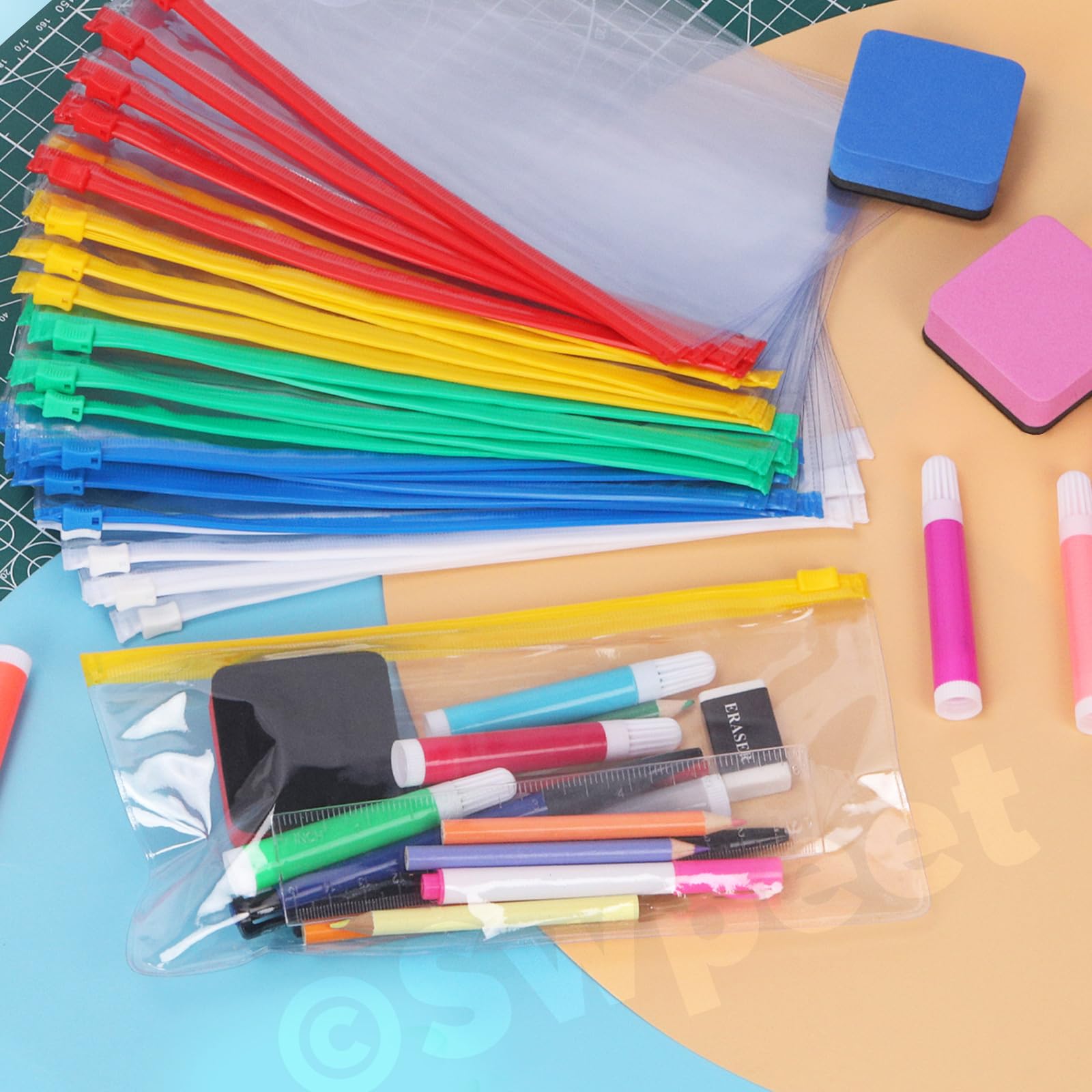 Swpeet 30pcs 5 colores 9.1 x 4.7 pulgadas sobres de plástico cremallera poli con kit de, archivos carpetas de Bolsas de lápiz transparentes reutilizables Ideales para suministros de almacenamiento