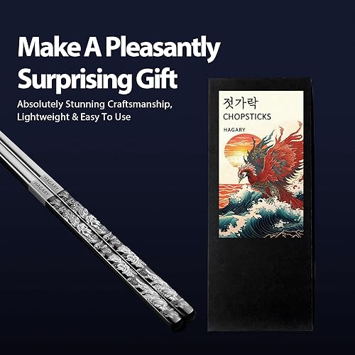 Miniatura 3 de Phoenix Palillos de metal reutilizables, diseñados en Corea, estilo japonés, acero inoxidable 316 1810, antideslizantes, aptos para lavavajillas,