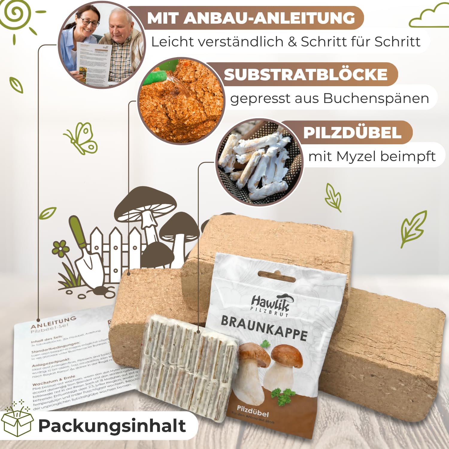 Hawlik Pilzbrut - Braunkappe Pilzbeet-Set für den Garten - In 30 Minuten angelegt - Mehrjährig frische Pilze ernten - Kinderleicht Pilze züchten Set - Verwandle ungenutzten Gartenboden in Speisepilze