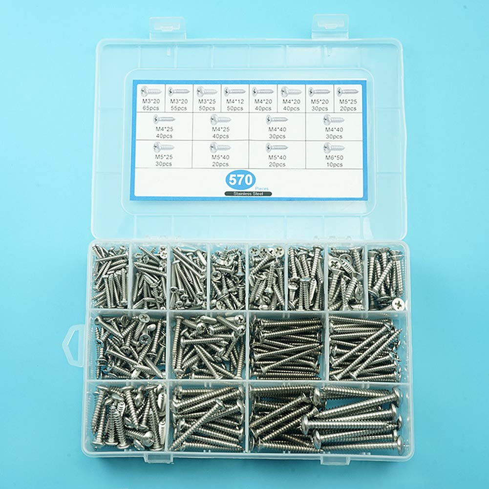 570 Pezzi M3 M4 M5 M6 Viti Set di Bulloni Croce Testa Bombata Testa Svasata Chiodi Viti Autofilettanti Kit Assortimento