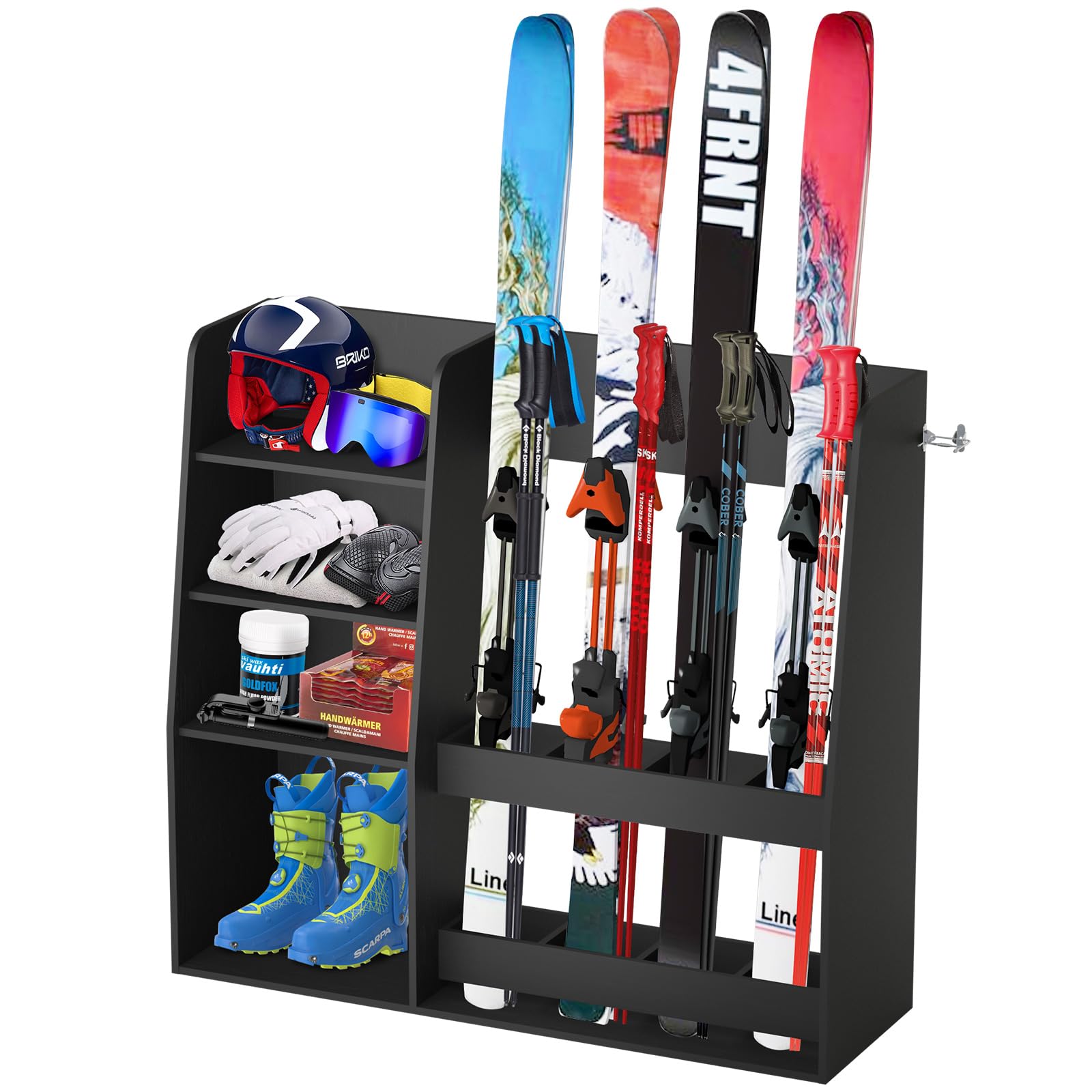 Ski Storage Rack Organizer Stand Holder Floor Mount Fits 4 Pairs of Skis and Multiple Skiing Equipment Accessories Great Gifts for Any Skill Level Skiers in Garage Shed Basement Indoor Outdoor
