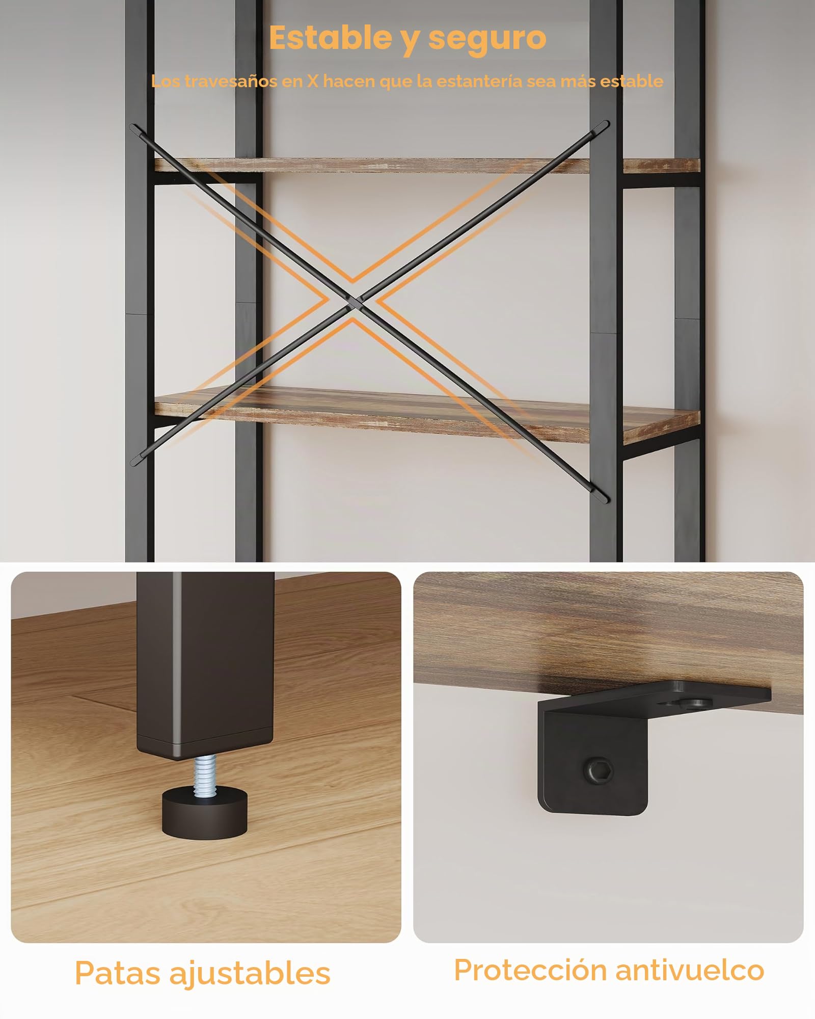 IRONCK 2M Estantería de pie con 6 Niveles, estantería de Madera con Marco de Metal, estantería de Oficina Industrial, estantes Abiertos, para Oficina, salón, Dormitorio, Cocina (marrón Camello Negro)