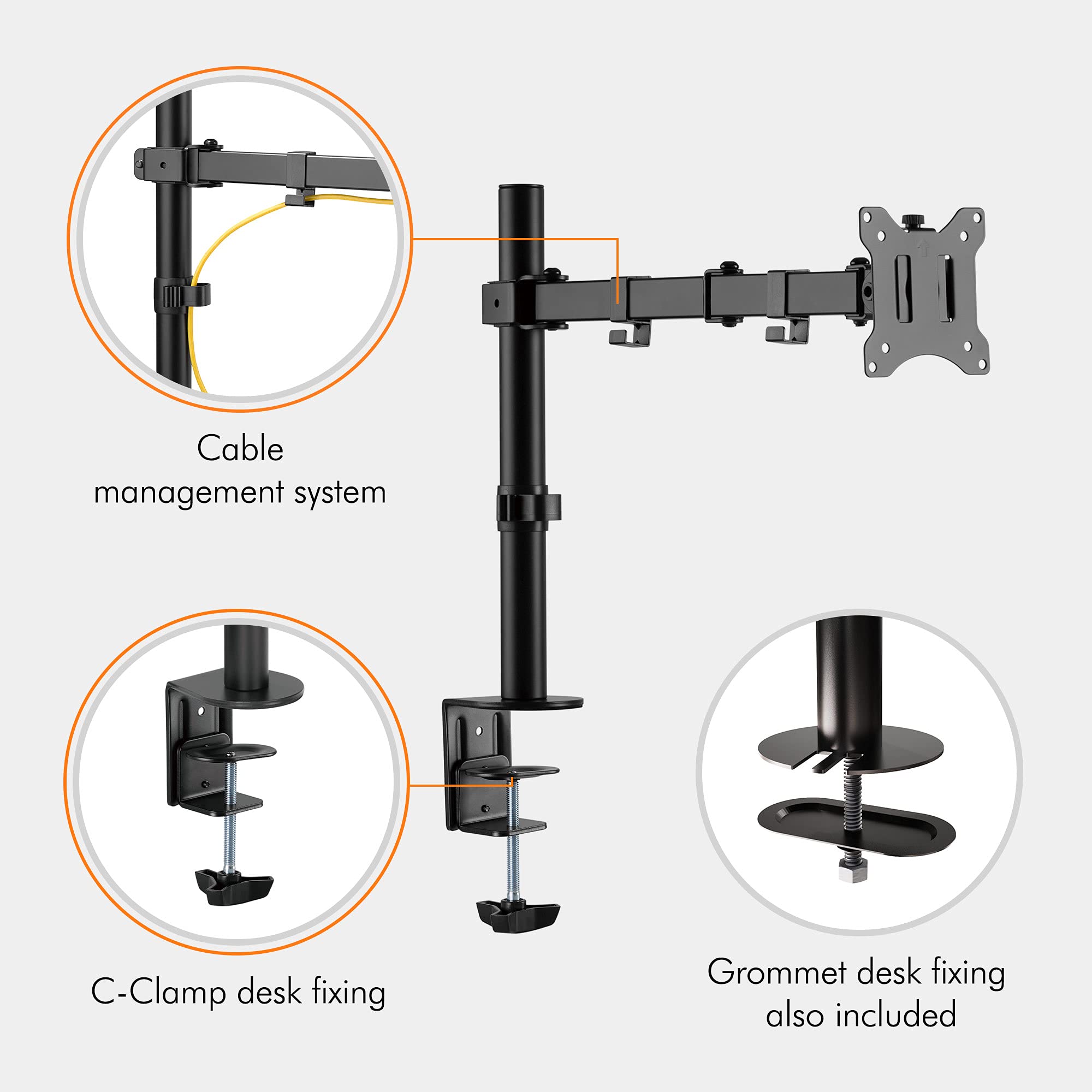 VonHaus Single Monitor Arm Desk Mount for 1332” Screens Adjustable