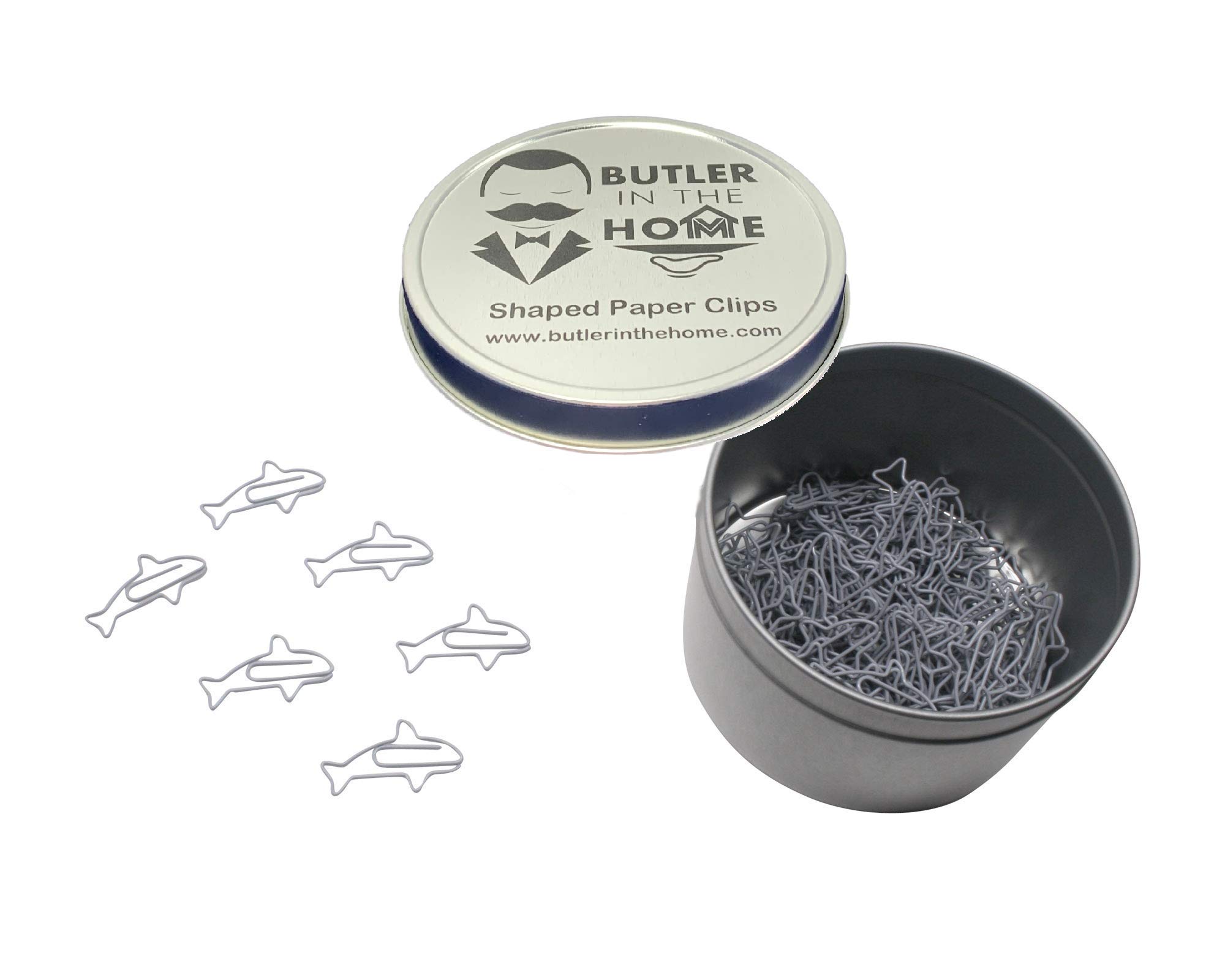 Butler in the Home 100 Count Shark Shaped Paper Clips Great for Paper Clip Collectors or Office Gift - Comes in Round Tin with Lid and Gift Box (Gray)
