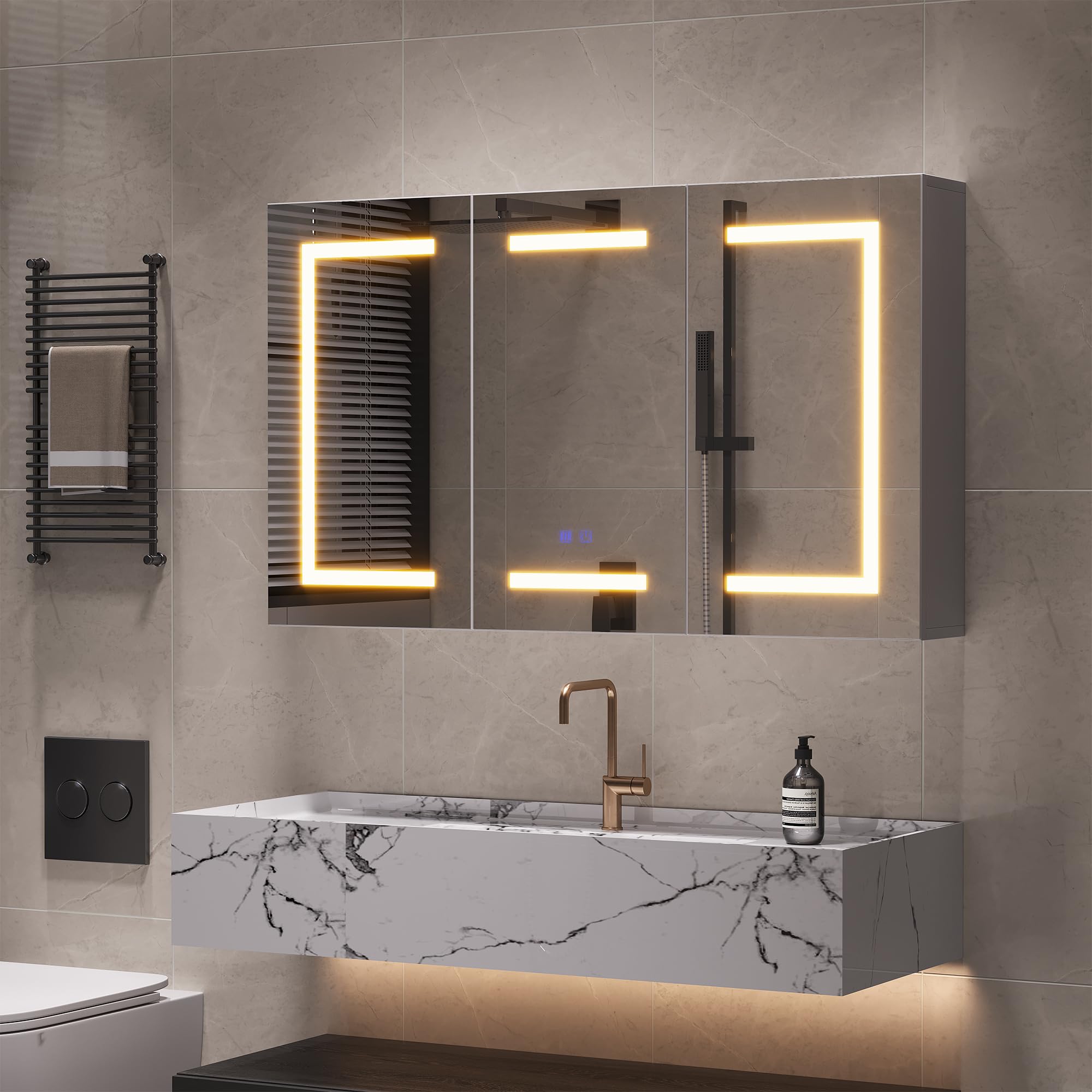 Armario con espejo con iluminación led, gabinete de baño con 3 colores de luz, espejo de baño con almacenamiento y 3 puertas, armario con espejo con estante ajustable (blanco, 2, 100 x 60 cm)