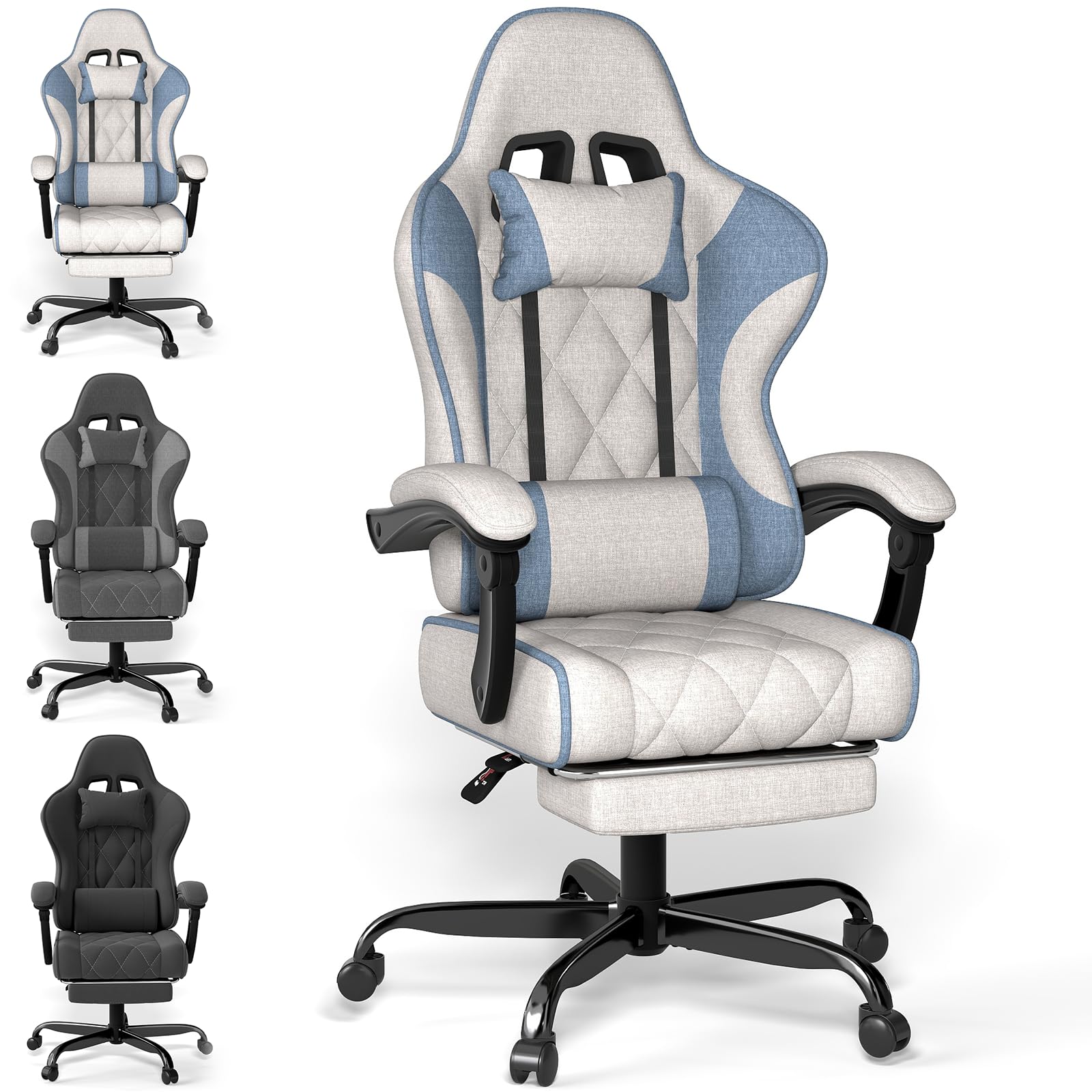 TRIUMPHKEY Chaise de Jeu & Bureau en Tissu | Chambre/Salle de Jeu, Coussin Lombaire Massage USB, Reposes-Bras Sync, Repose-Pieds Rétractable, 360° Pivot, 90-135° Inclinaison, 150KG (Blanc)