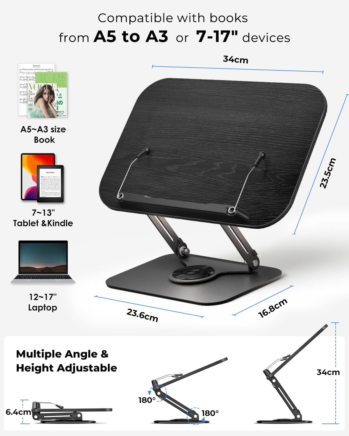 Viozon Buchständer zum Lesen, Buchhalter, Höhe und Winkel verstellbar, um 360° drehbare Basis, faltbar und tragbar, leicht, für Büro, Küche, Schule, Lehrbuch, Rezept, Zeitschriften, Tablet, Kindle