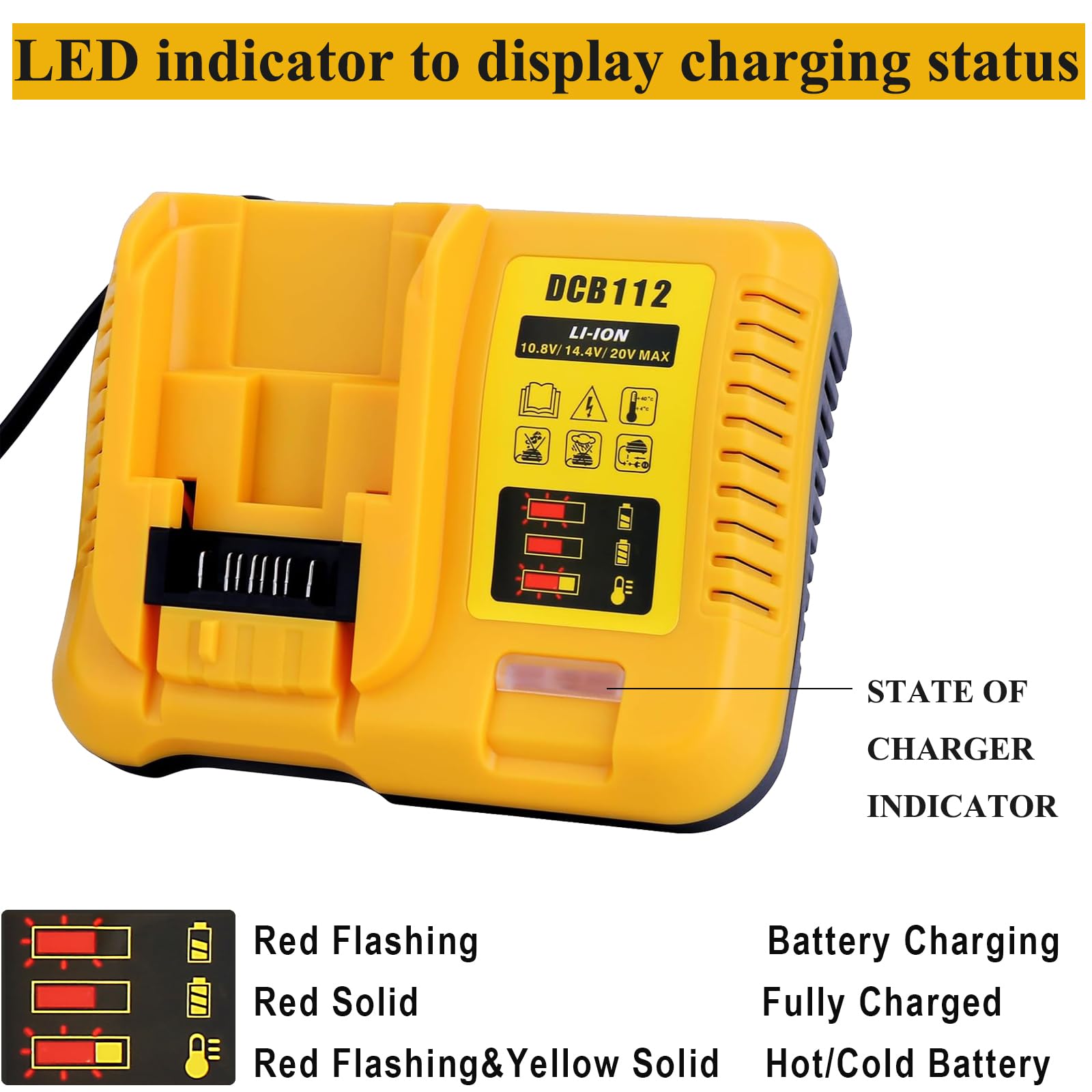 DCB112 - Cargador de batería de repuesto para batería de iones de litio Dewalt 12V 20V y 60V MAX DCB205 DCB201 DCB200 DCB612 DCB609-2 DCB609 DCB606 DCB606-2 DCB208 DCB206 06-2 DCB204 DCB203 DCB126