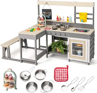 INFANS Mud Kitchen, Outdoor Play Kitchen with Faucet Chalkboard Stoves Removable Sink Cooking Accessories Wooden Kids Kitchen Playset Backyard Garden Toys Gift for Boys Girls Ages 3+