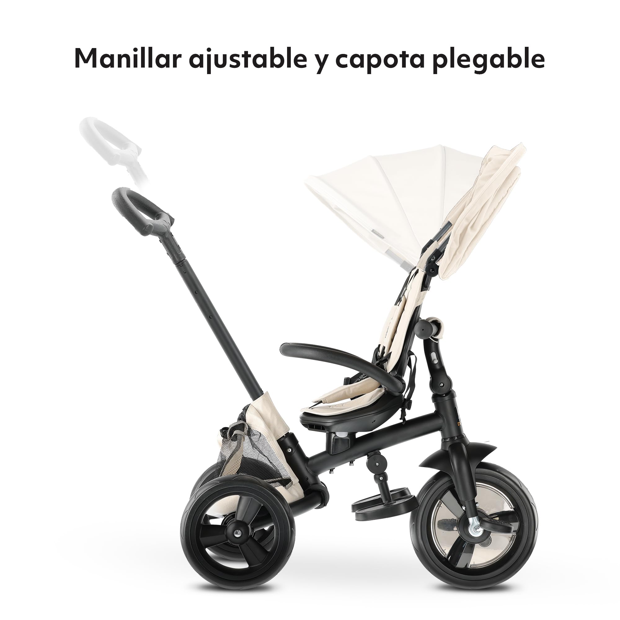 Deryan Explorer Triciclo 9 Meses a 25 kg - Evolutivo, Bicicleta Sin Pedales, Bicicleta Bebe, Plegable, para Niños, Asiento Reversible, Capota con protección Solar, Cesta, Arnés de 5 Puntos - Crema