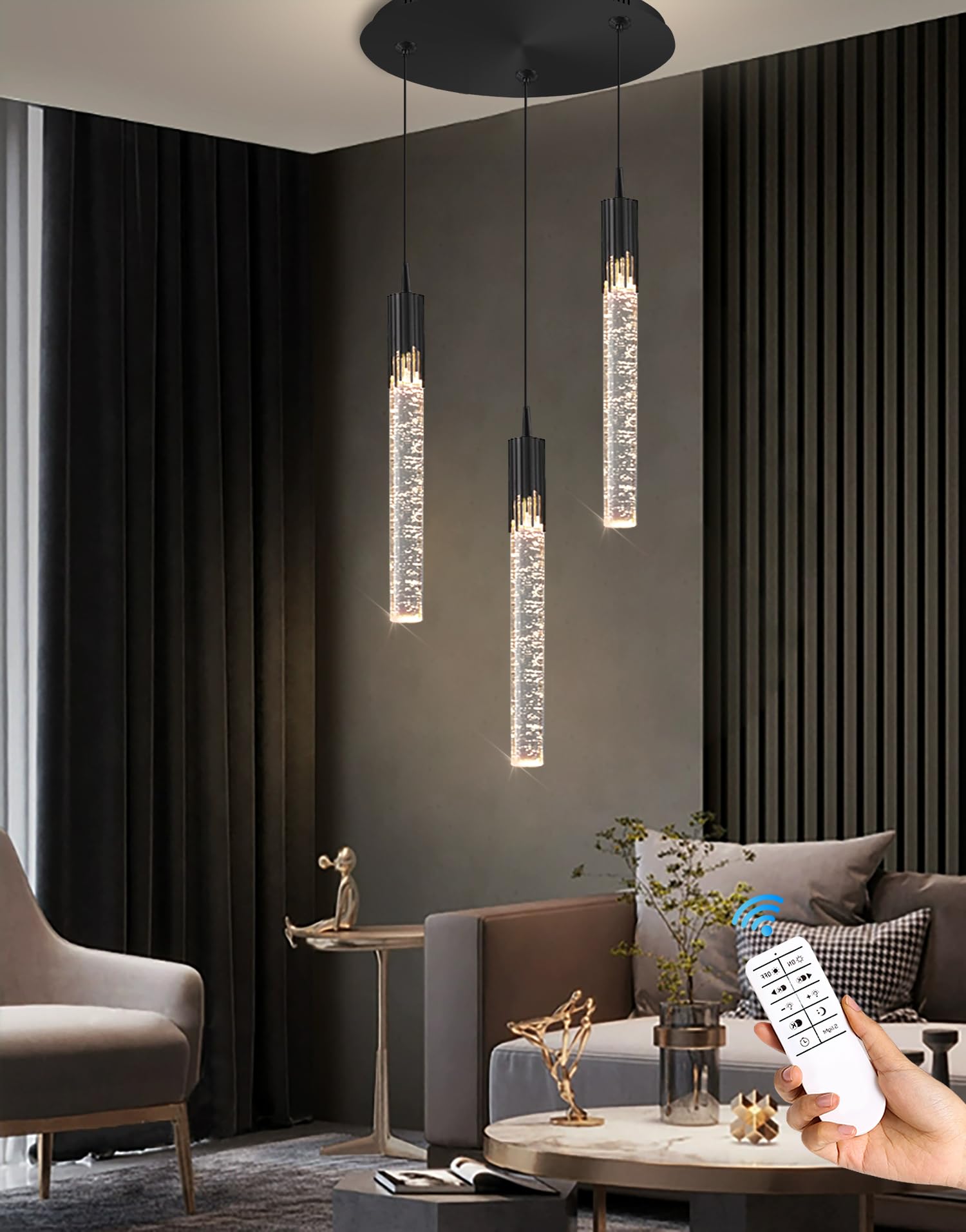 Lámpara de araña Mini Moderna Negra de 3 Luces | Lámpara Colgante LED de Cristal Regulable para Isla de Cocina, Comedor, Dormitorio, 2700K-6000K