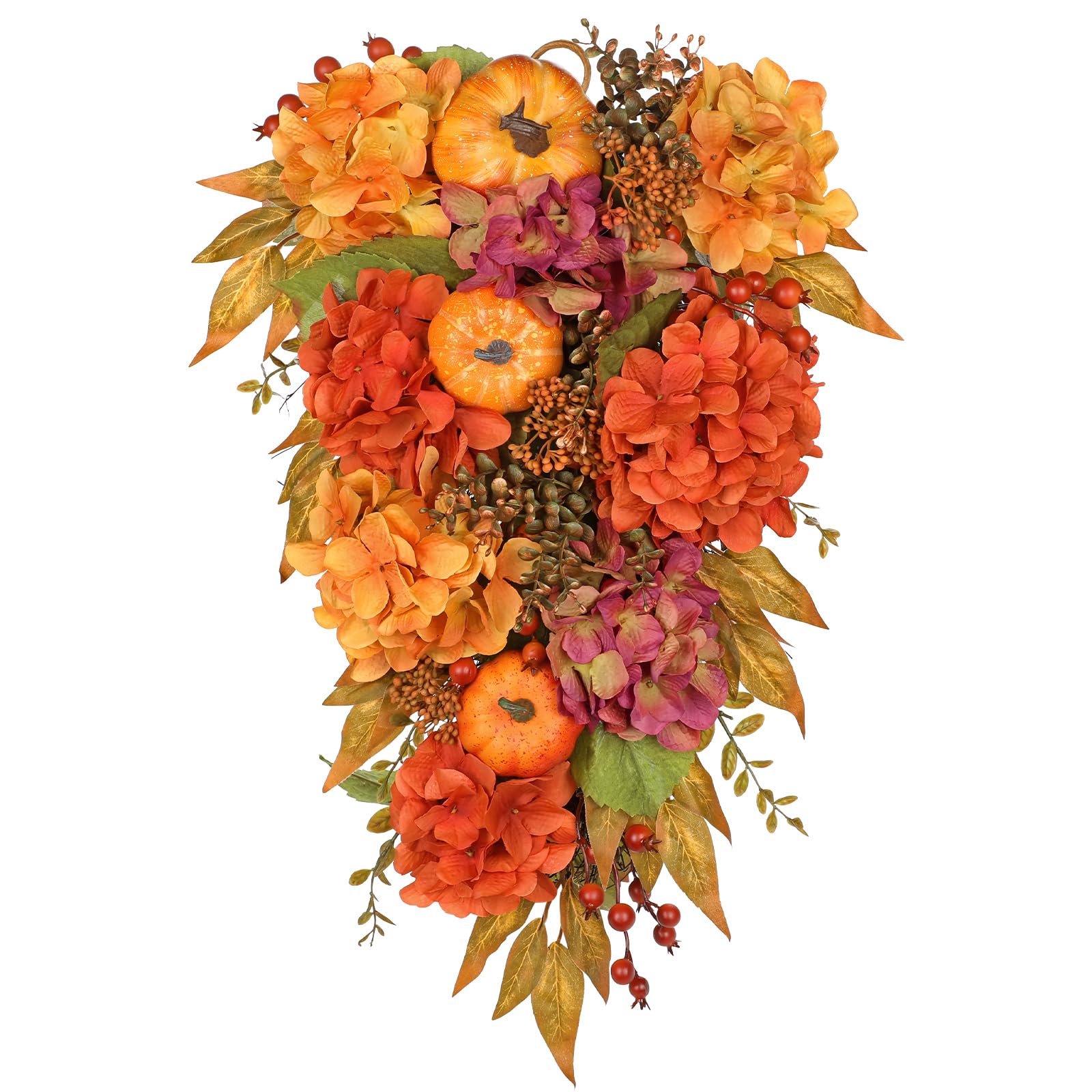 Oairse 23.6" Artificial Teardrop Swag with Pumpkins, Berries & Hydrangeas Autumn Teardrop Wreath Autumn Decorations for Front Door for Farmhouse Thanksgiving Fireplace Home Fall Wall Decor