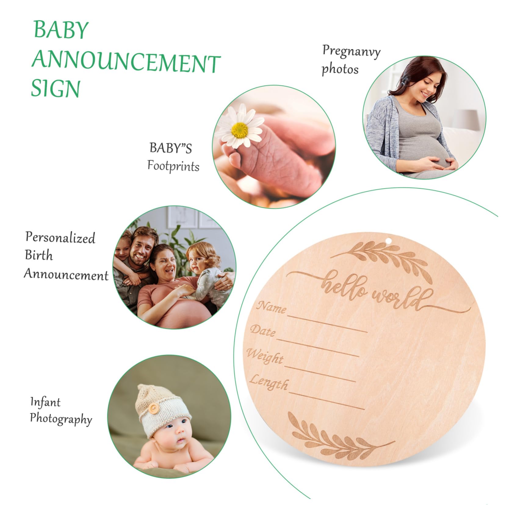 VANZACK 1Set Birth Announcement Board Wooden Milestone Sign with Lanyard Ink Pad Pen for Newborn Photo Props and Nursery Decoration