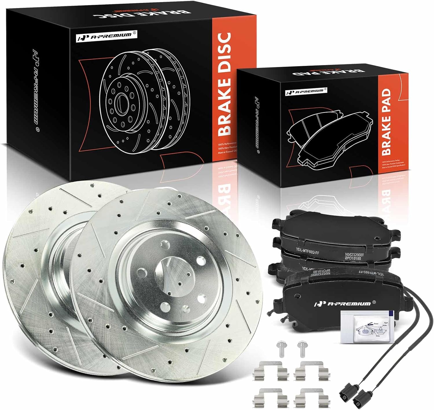 A-Premium 12.99 in (330 mm) Rear Drilled and Slotted Disc Brake Rotors + Ceramic Pads Kit Compatible with Select Audi Models - S4 2010-2016, S5 2013-2017, 6-PC Set