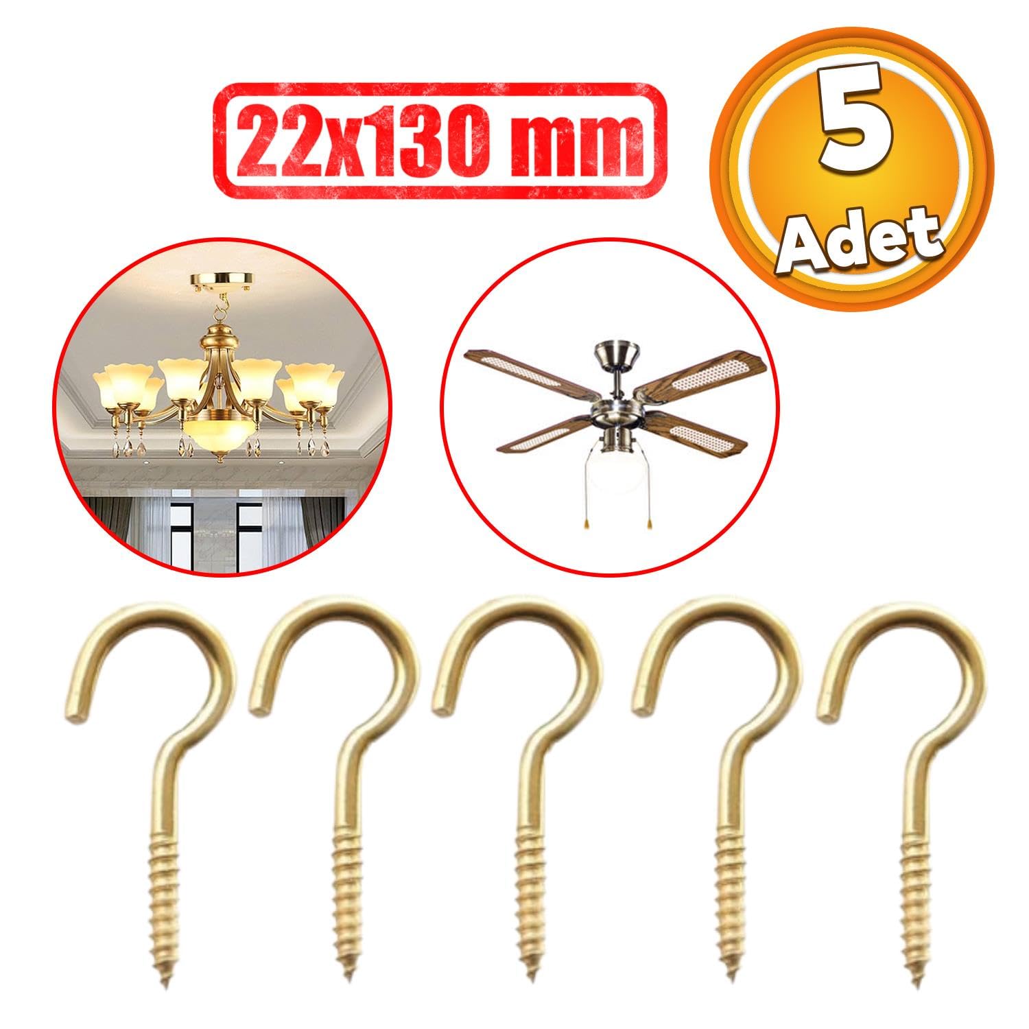 Badem10 Metal Piton Vidalı Gerdirme 22x130 Çekme Kaldırma Tavan Açık Ağız Kancalı Avize Asma Kiti 5 Adet