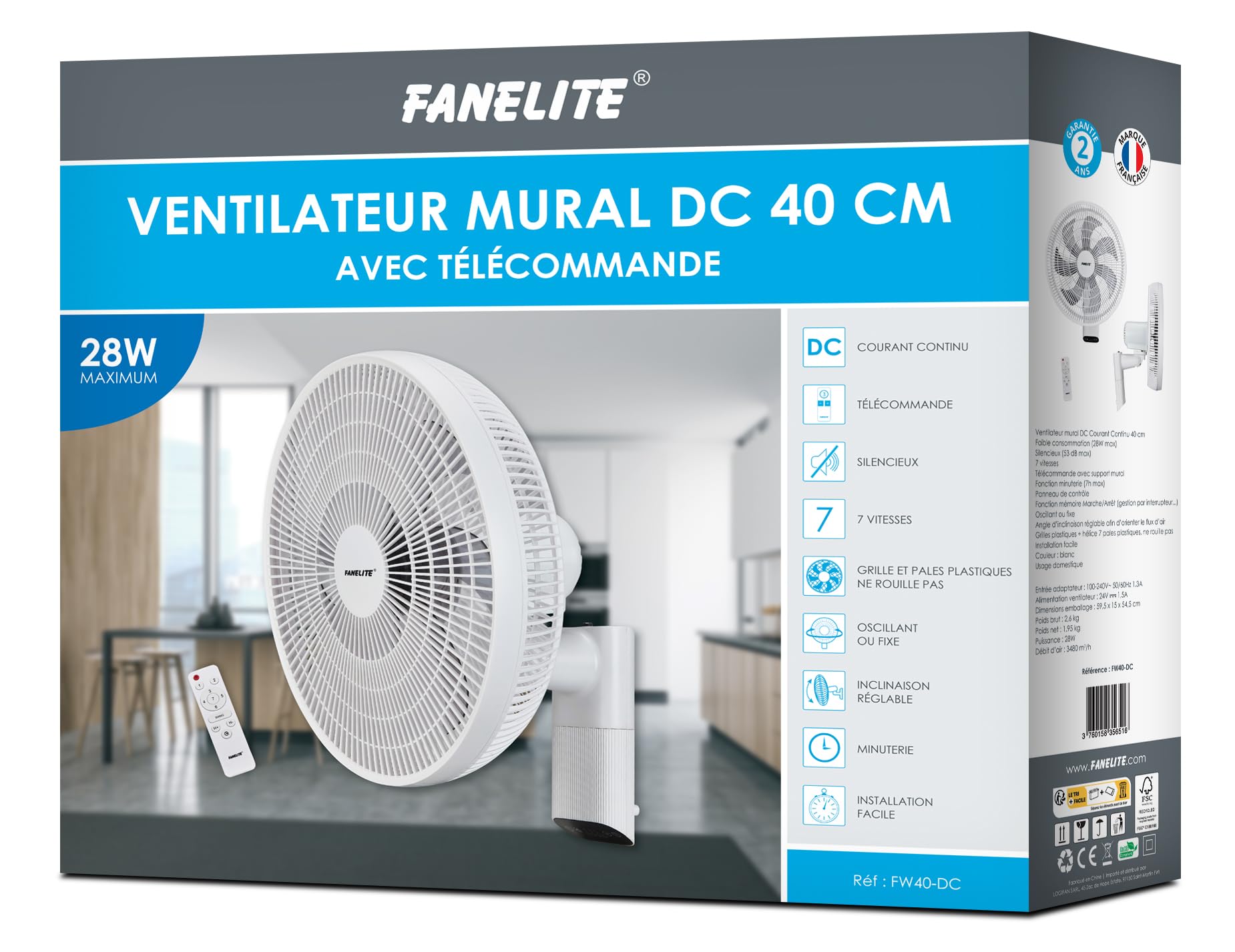 Fanelite - Ventilateur mural FW40-DC - Moteur DC - Diamètre 40 cm - 7 vitesses - Avec télécommande - Minuterie - Grille et hélice plastiques - Oscillant ou fixe - Installation facile - Silencieux