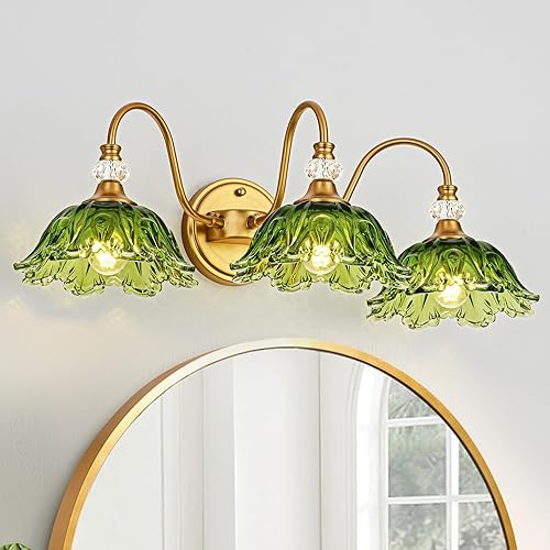 Miniatura 2 de Vintage Bathroom Vanity Light, 3-Light Matte Brass Finish Vanity Light with Floral Green Glass Shades, Retro Wall Sconce for Bathroom, Dressing Table