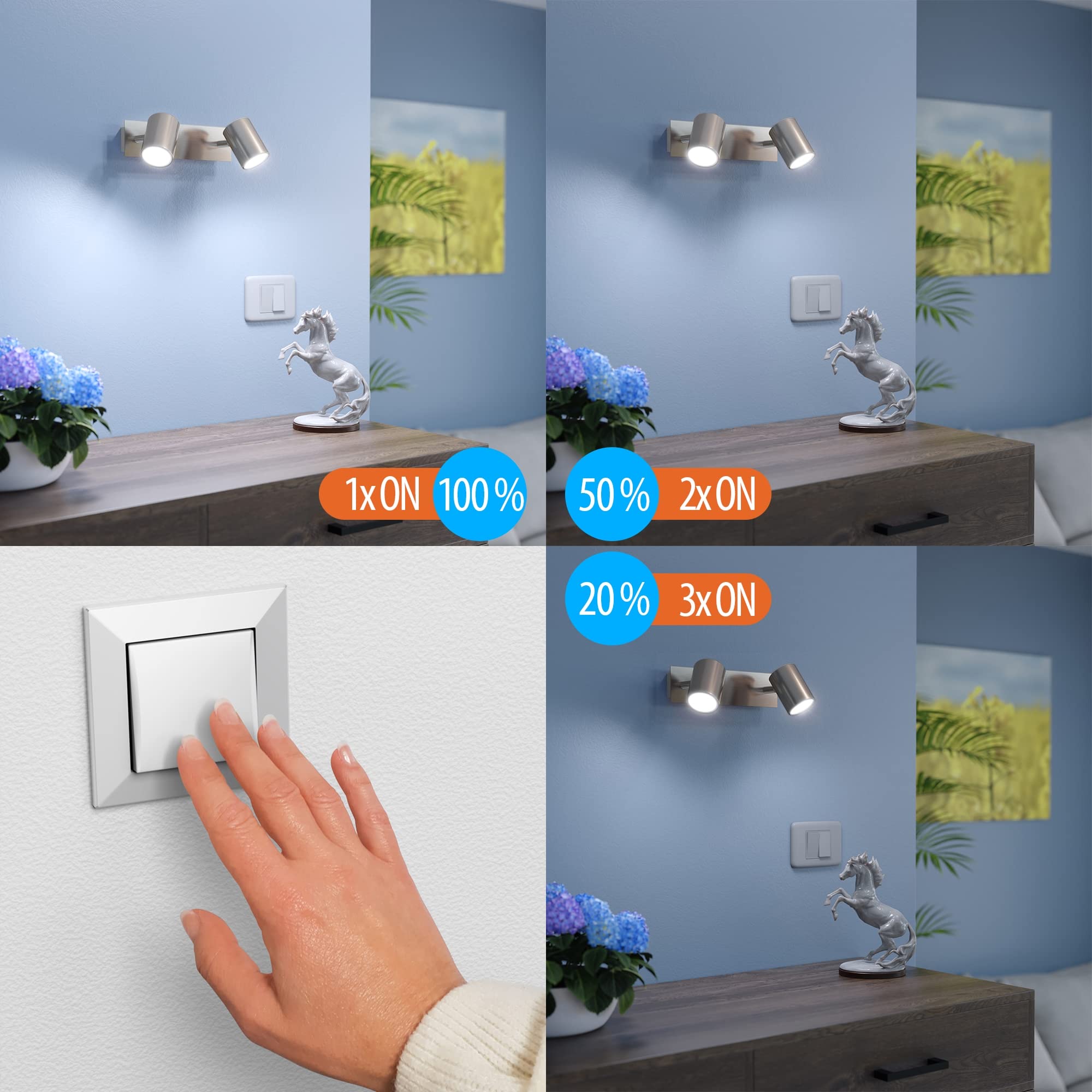 ledscom.de 2x Wandleuchte WAIKA, zweiflammig, mit Schalter, chrom matt, inkl. LED GU10 Lampen 3-Stufen Dimmen: je max. je 609lm weiß