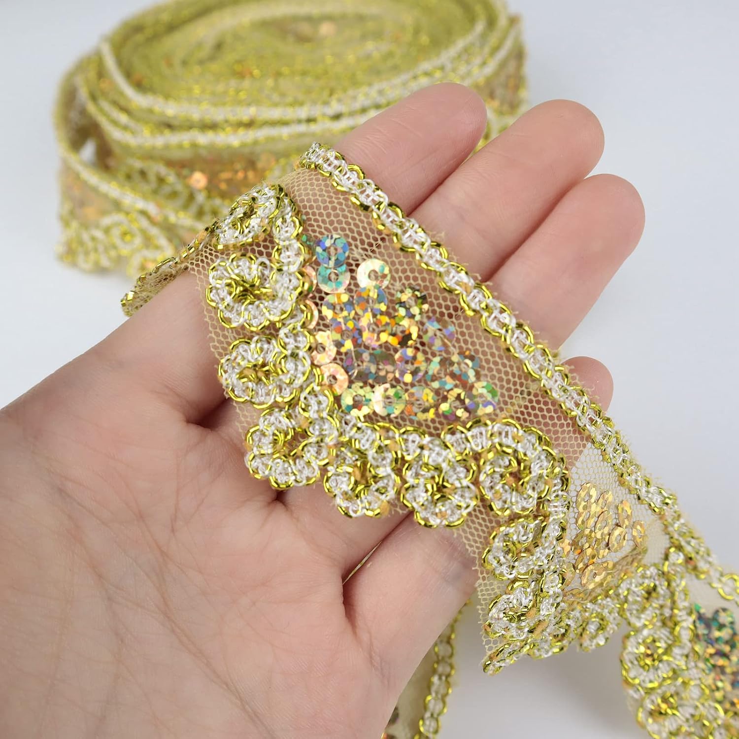 Gold Beaded Lace Trim Sequin Ribbon Sewing Lace for Crafts, Clothing Decoration (10 Yards)