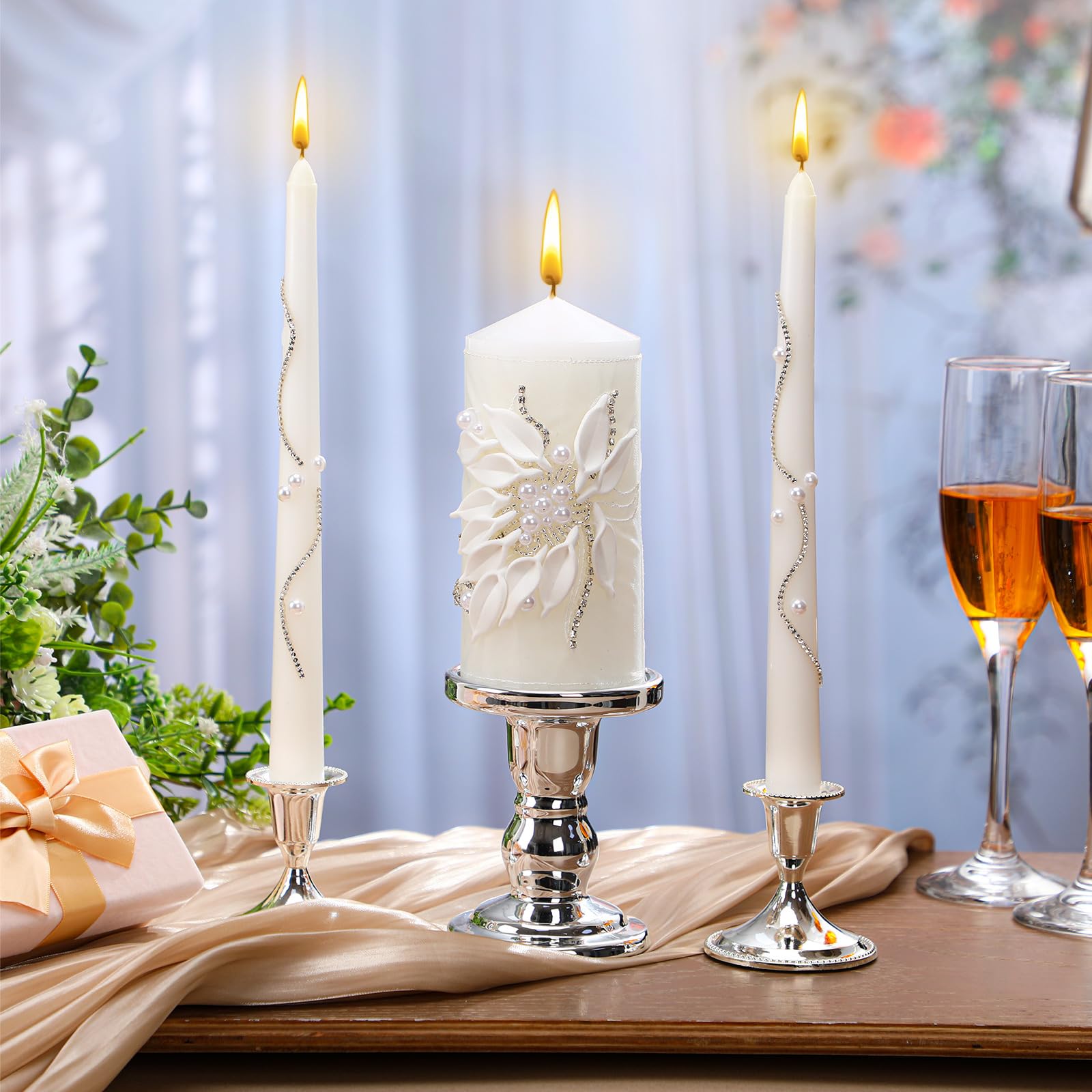 Photo 1 of Irenare Unity Candles with Holder for Wedding Ceremony Wedding Decortions Accessories Glass Candle Holder Pillar Candle for Formal Events Church(Silver)