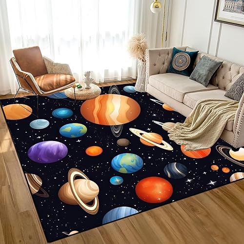 Miniatura 18 de Alfombra con Diseño de Galaxia y Planetas, Alfombra de Astronautas del Espacio, Alfombras Decorativas para Habitación de Niños Varones Adolescentes,