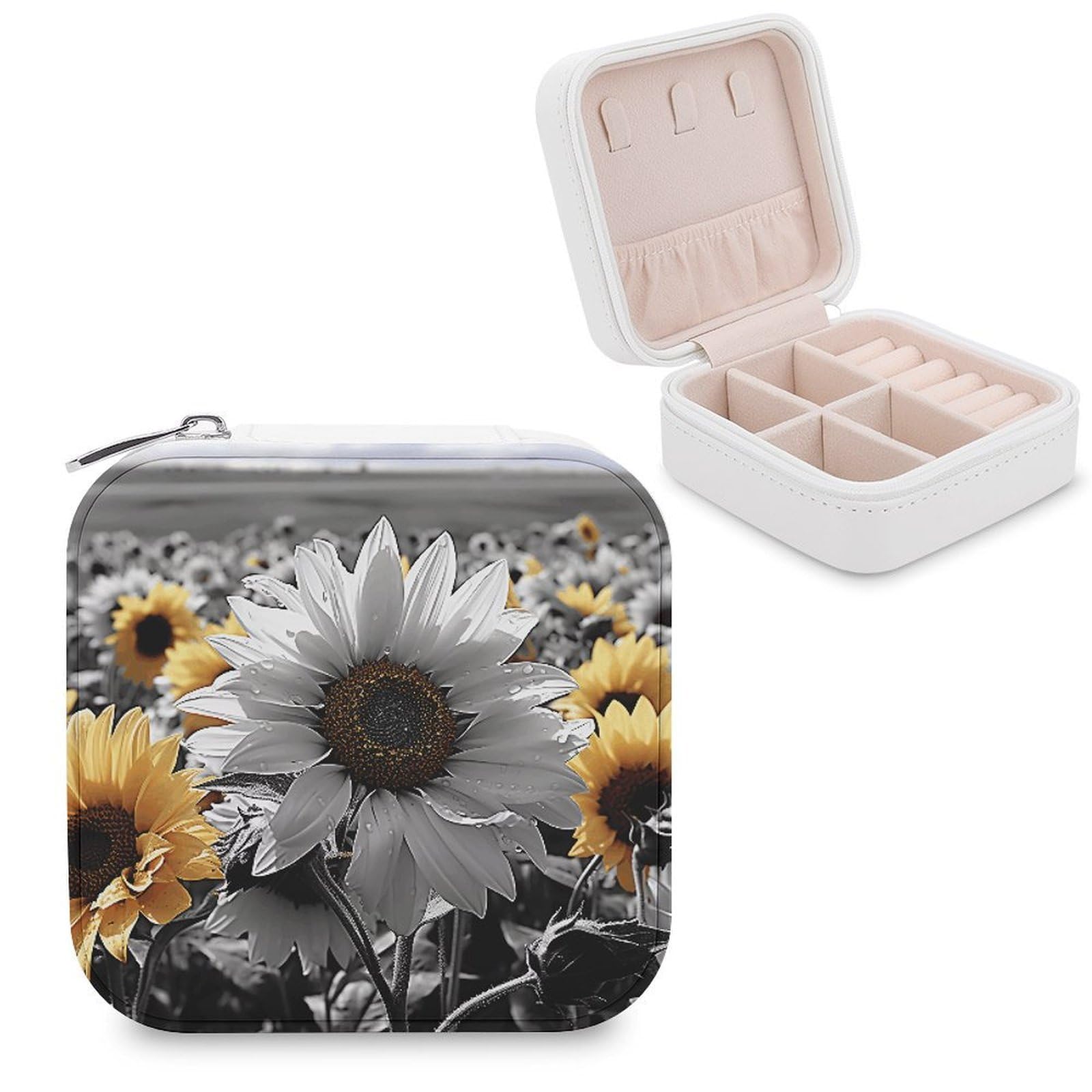 FekiLoot Black And White Sunflowers Jewelry Case Personalized Leather Jewelry Box Mini Travel Jewelry Case Small Portable Jewelry Organizer for Ring Earrings Necklace Bracelet